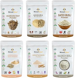 Nimadi Zone Pack Of 6 Different Powers i.e Akarkara, Gokhru, Safed Musli, Kaunch, Ashwagandha & Shatavari (100 grams pack each) = 600 grams Total (100 grams pack)