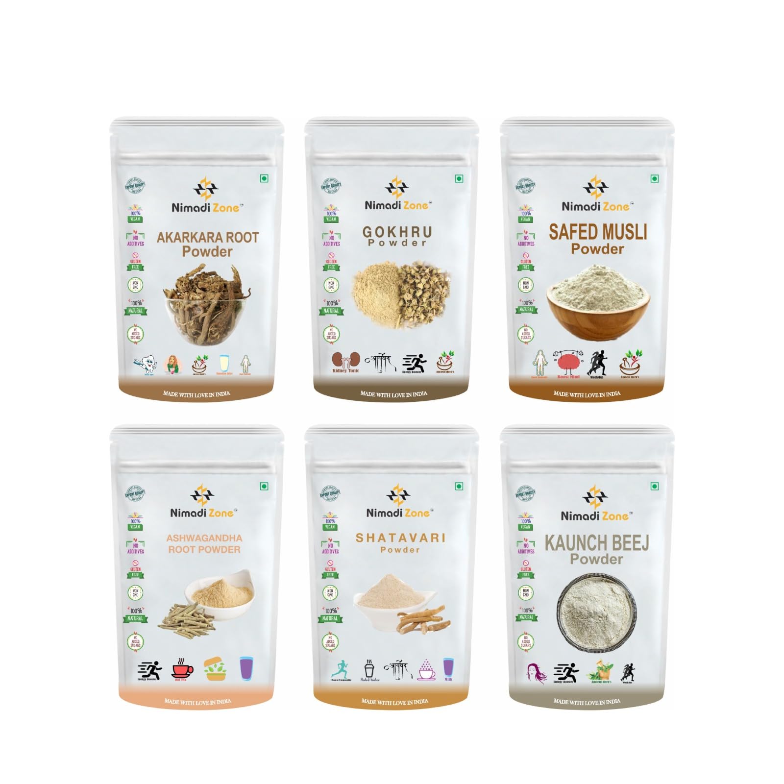 Nimadi Zone Pack Of 6 Different Powers i.e Akarkara, Gokhru, Safed Musli, Kaunch, Ashwagandha & Shatavari (100 grams pack each) = 600 grams Total (100 grams pack)