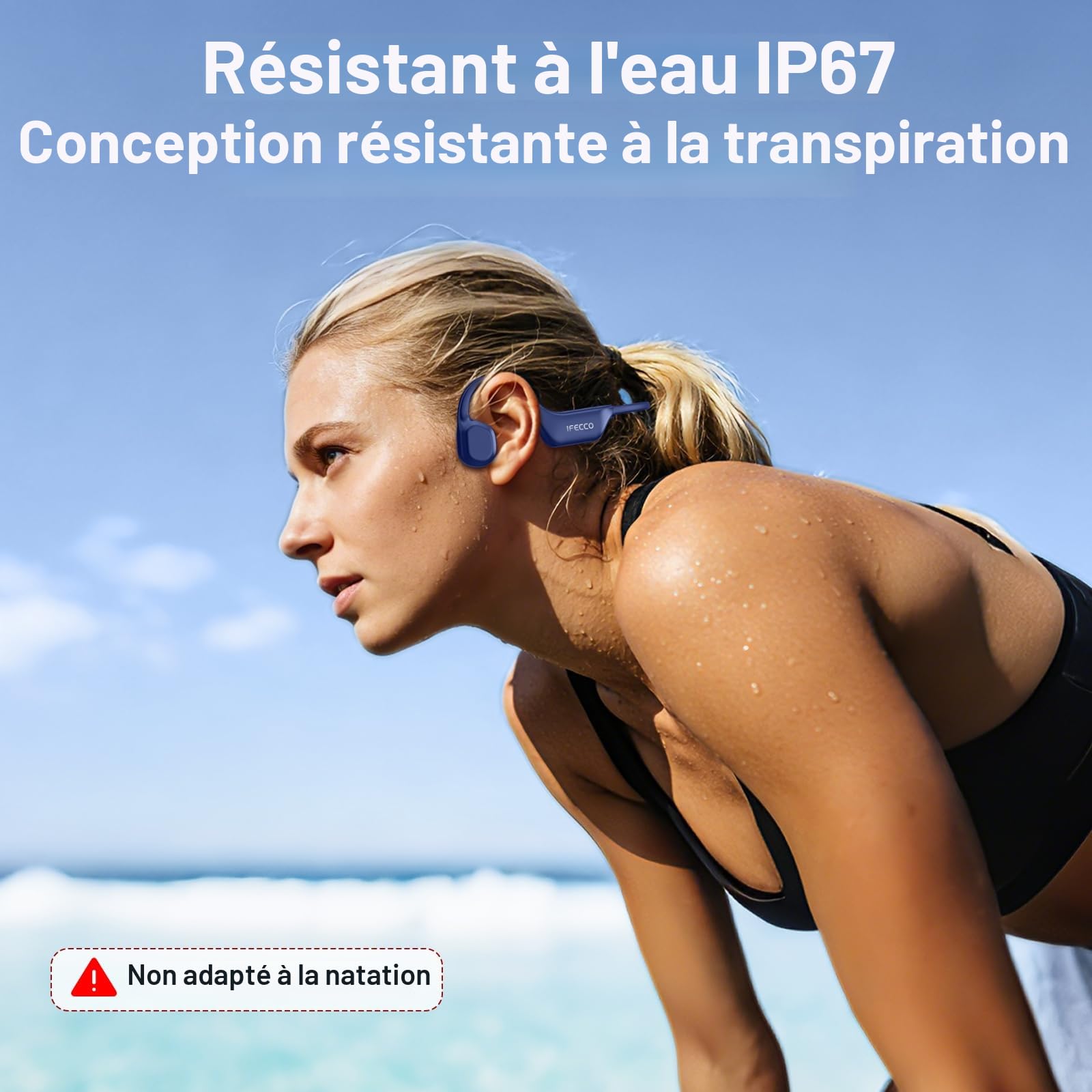 IFECCO Casque Conduction Osseuse Bluetooth 6.0, IP67 Écouteurs à Conduction Osseuse Open Ear Casque de Sport sans Fil avec Micro pour Course à Pied, Sport, Cyclisme, Fitness