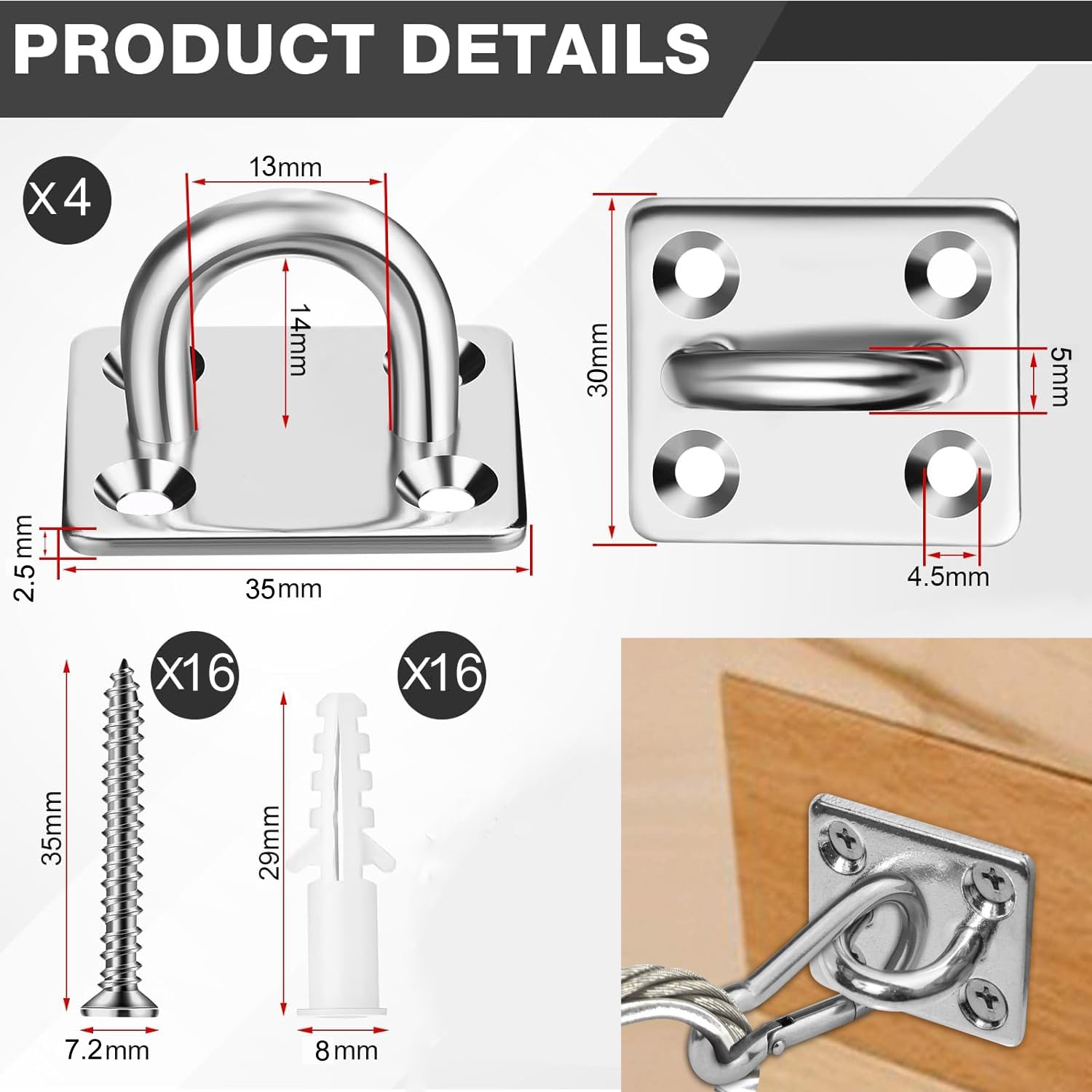 Greluma 4 Pzs Gancho de anillo de grapa con placa de ojo de almohadilla resistente con forma U para toldo de vela-Ganchos para hamaca de techo y pared M5 para suspensión columpio-Acero inoxidable 304