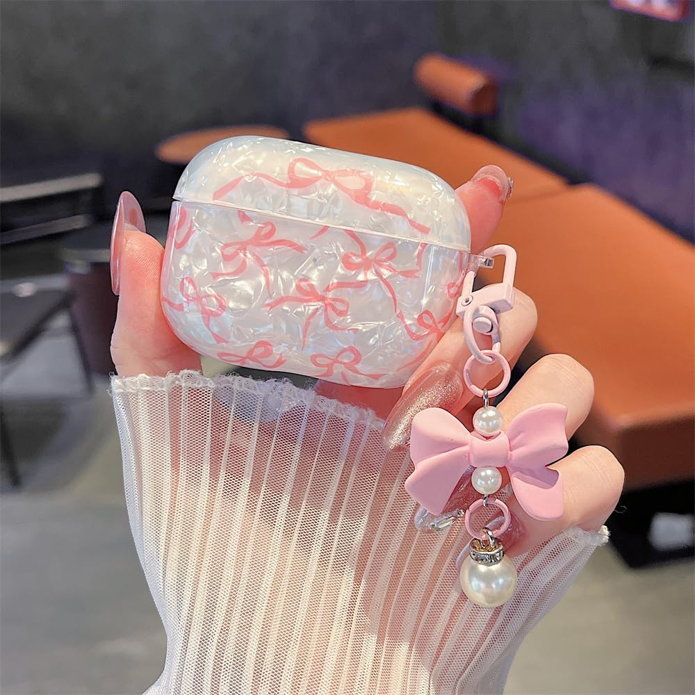 MINSCOSE AirPods Pro Hülle Mit Glitzer Und Schleife - Für Pro & Pro 2, Rosa, Mit Perlen-Anhänger