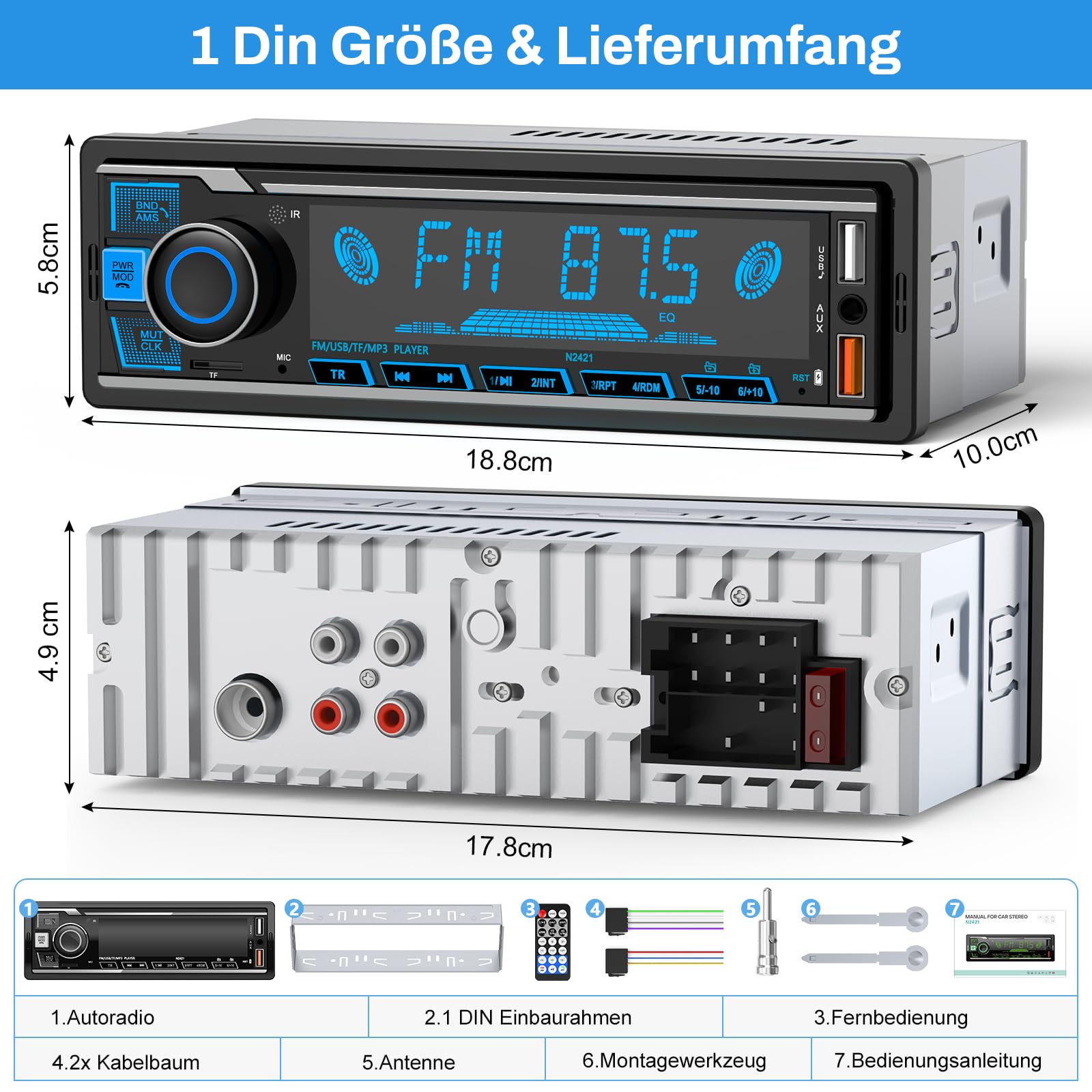 Autoradio Bluetooth,Auto Radio Bluetooth Radio mit 7 Farben Licht Einstellbar 1 Din Autoradio Bluetooth FM mit 2USB/AUX/TF MP3 Player Unterstützt iOS und Android