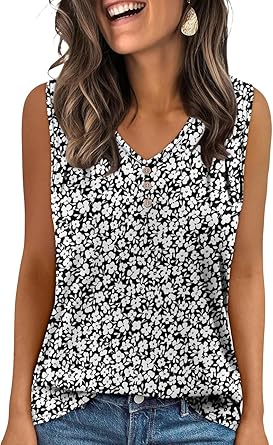 KISSMODA Tank Tops for Women Summer Casual Sleeveless Shirts Dressy Trendy V Neck Tunics Loose Notched Blouses S-3XL