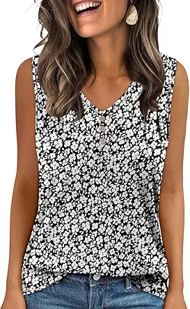 KISSMODA Tank Tops for Women Summer Casual Sleeveless Shirts Dressy Trendy V Neck Tunics Loose Notched Blouses S-3XL