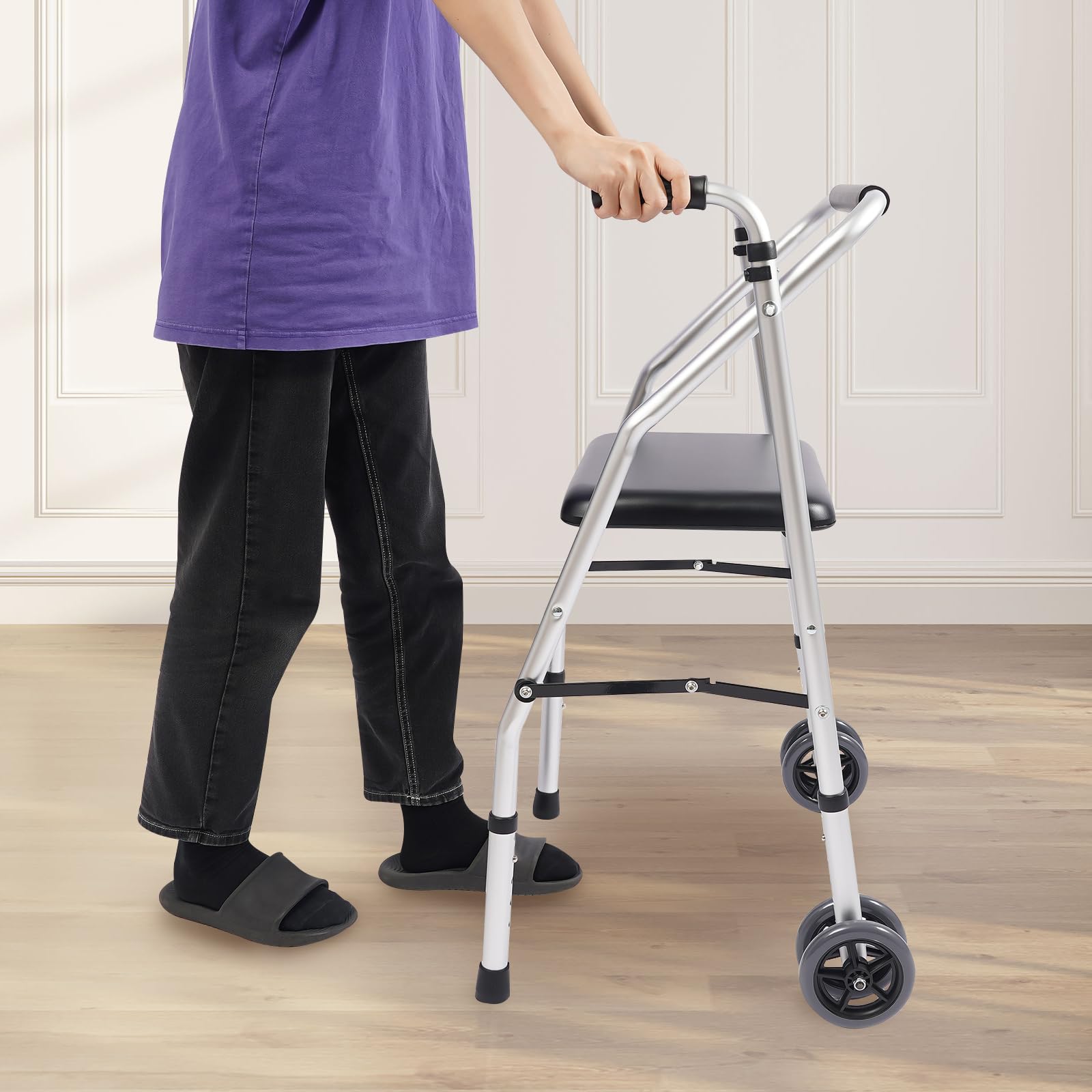 Foldable Walker with Wheels Seat, Aluminum Folding Lightweight Walkers, Multi-Functional Walkers for Seniors, Adjustable Height Foldable Chair for Elderly, Pregnant Women, Arthritis Sufferers
