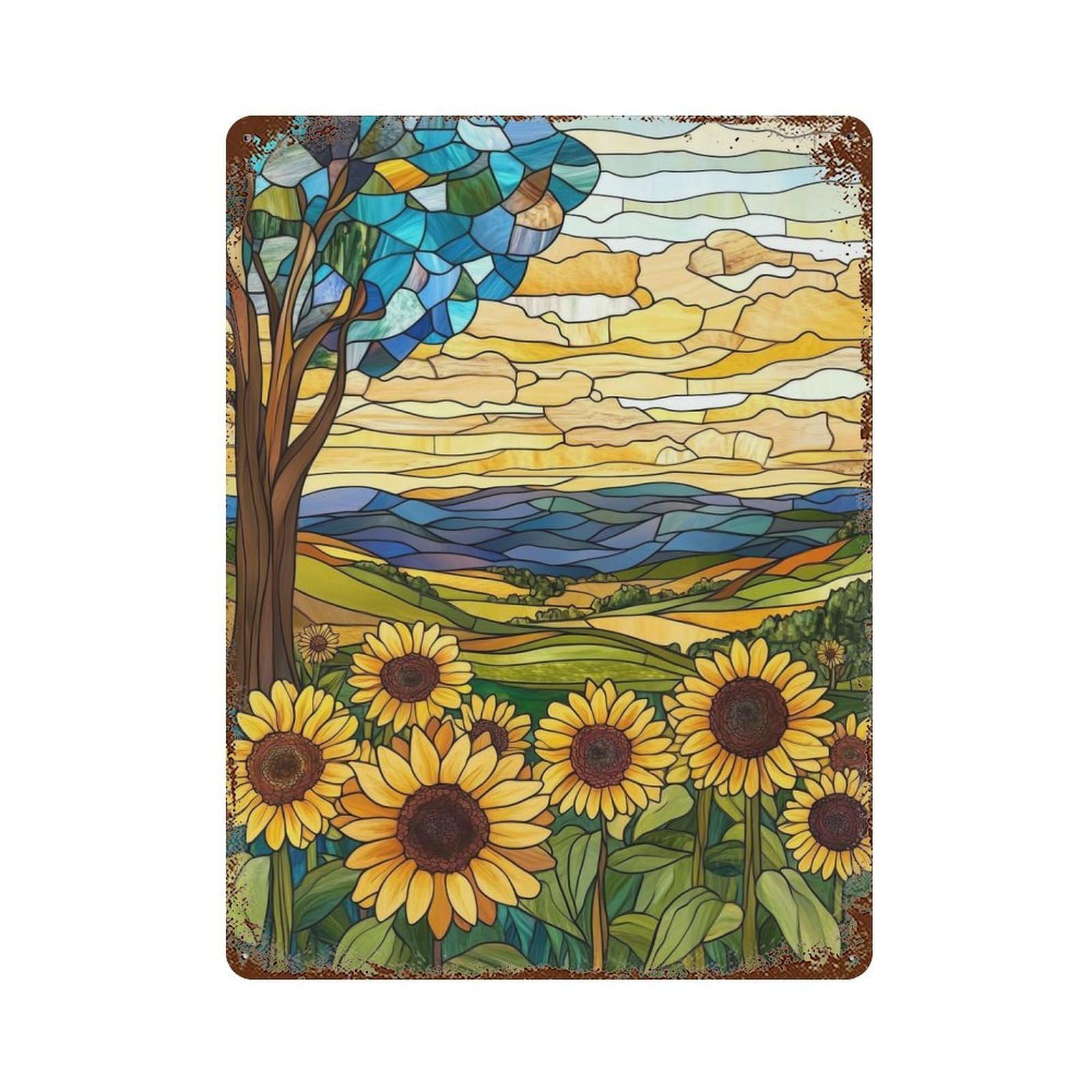 Stained Glass Sunflower Field Decorative Tin Sign 15.7"x11.8", Old School Wall Decor for Garage, Pub Or Kitchen