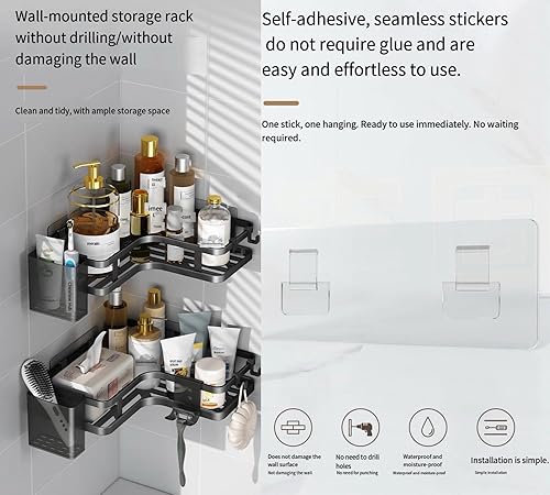 Miniatura 3 de Organizador de ducha adhesivo para colgar, paquete de 6 estantes esquineros de acero inoxidable a prueba de óxido, organizador de ducha de gran