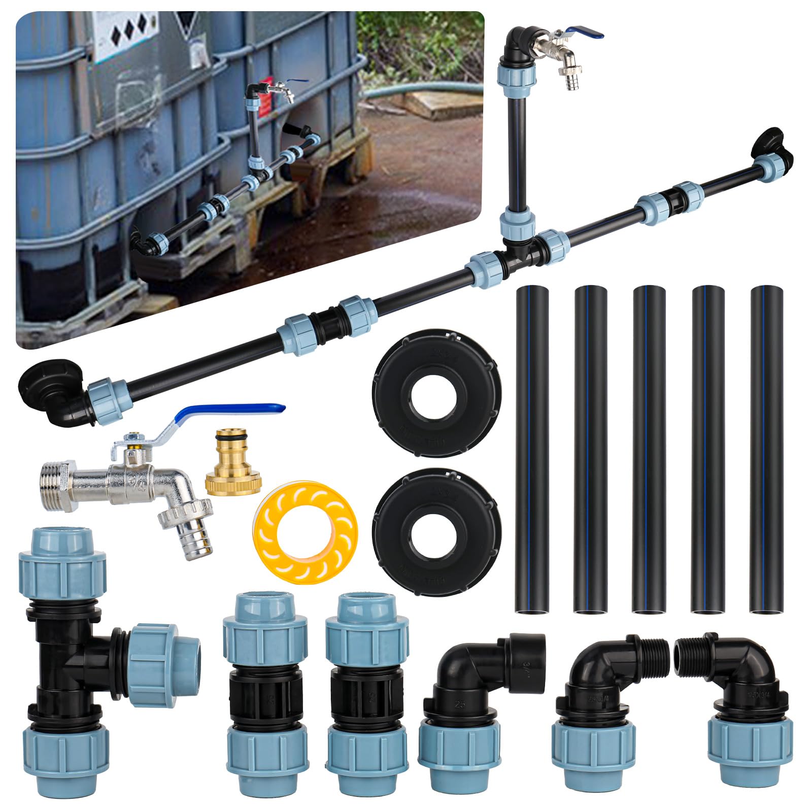 Ibc adapter z mosiężną łabędzią szyją, kran S60 x 6, kurek odcinający 3/4 cala, do 2 zbiorników IBC obok siebie/zbiorników na deszczówkę w zestawie, akcesoria do zbiornika IBC, zbiornik na wodę