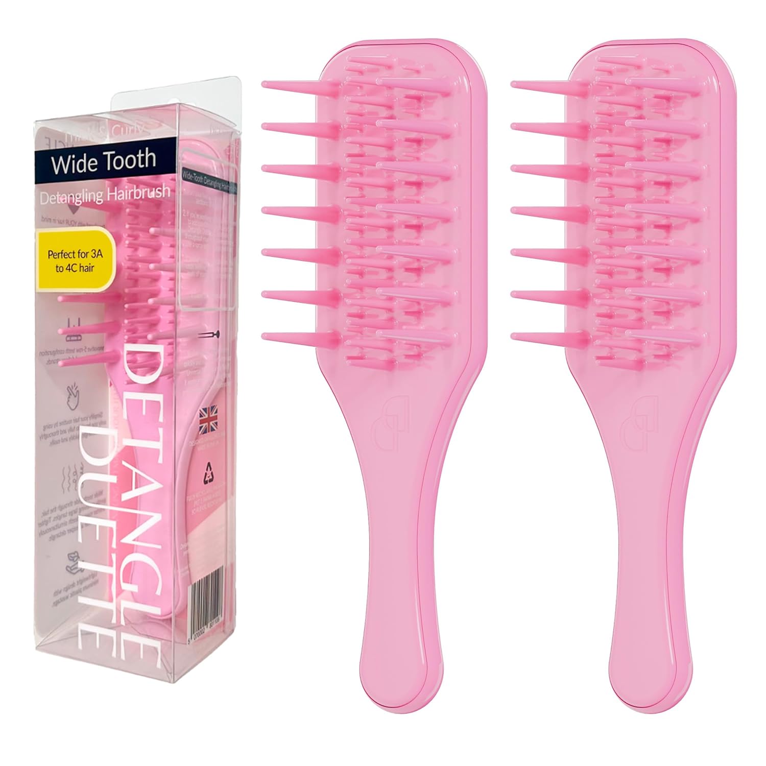 x2 Detangle Duette Wide Tooth Detangling Hairbrush Wet Detangler for Curly Coily Kinky Afro Black Hair Natural Curly Relaxed Hair | 3C to 4C Hair | Painless Detangling Hairbrush Wednesday Pink Bundle