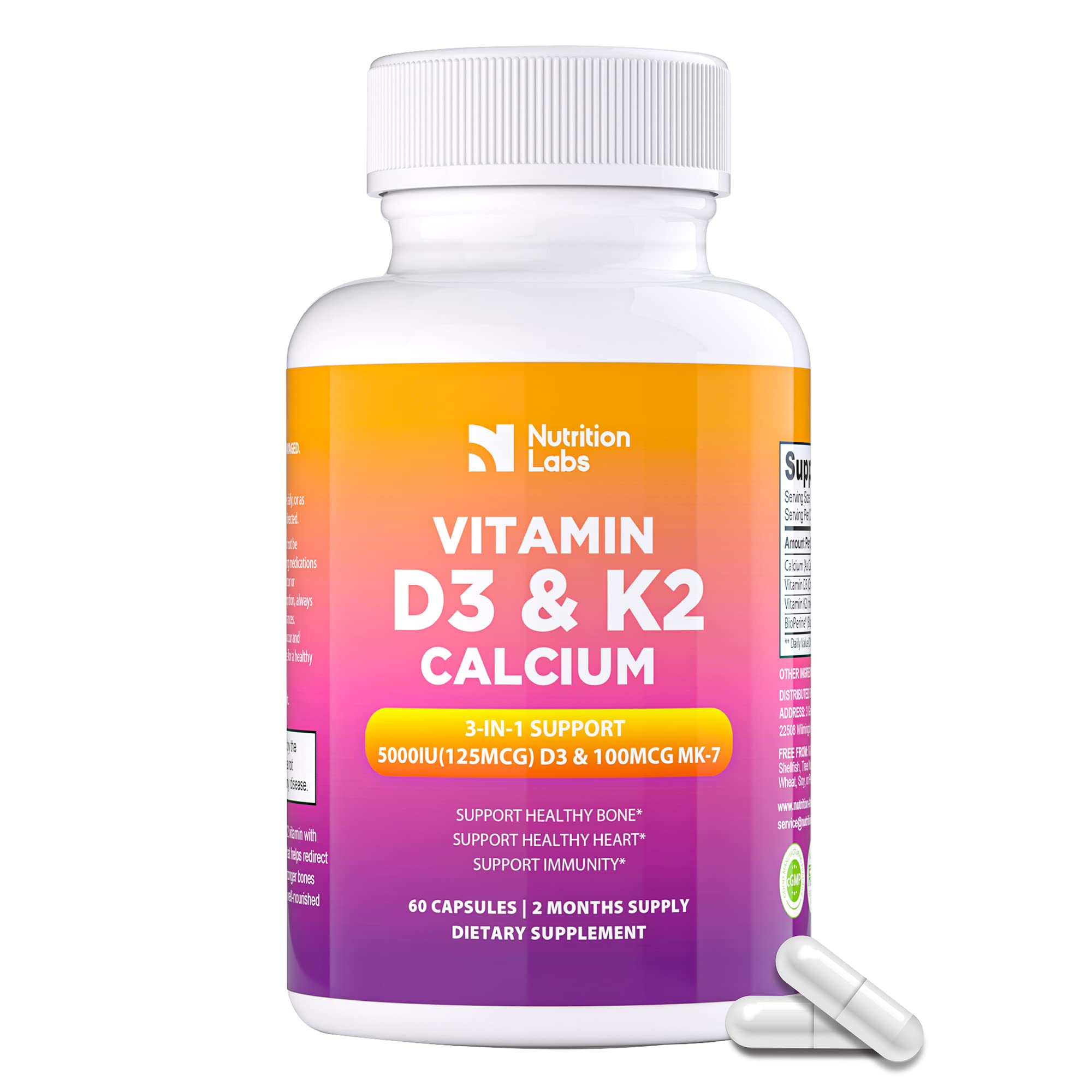 NUTRITIONLABS Vitamin D3 K2 5000 IU Supplement with Calcium, Multivitamins Supports Immune Health, Strong Bones,Teeth & Heart Functions with Bioperine Black Pepper Fruit Extract 60 Count (Pack of 1)
