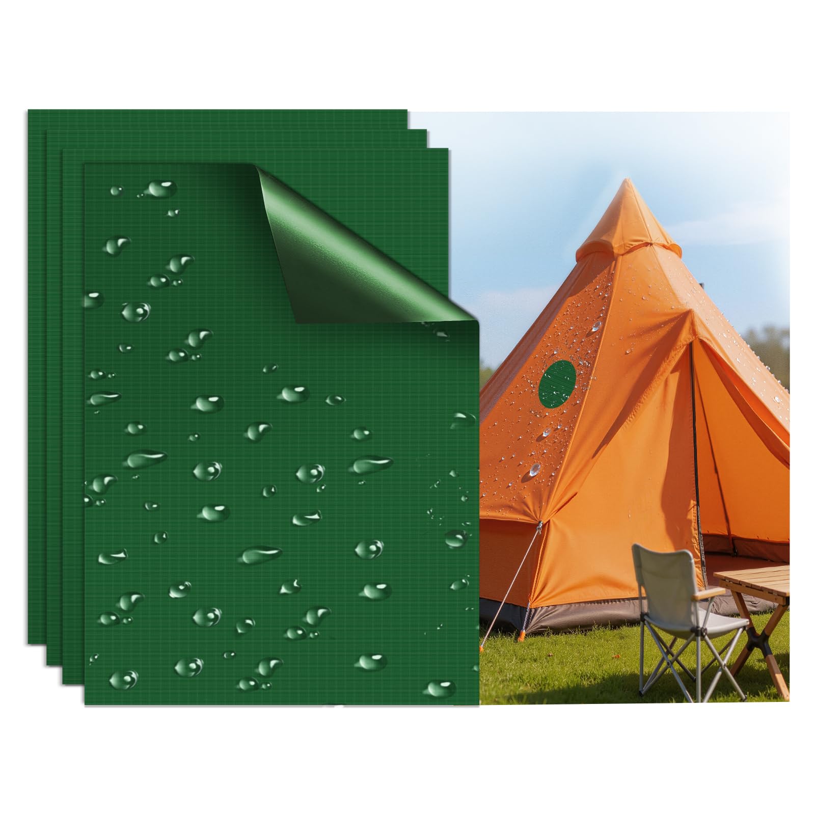 Waterproof Nylon Tent Repair Kit Patches – Outdoor Gear Ripstop Fix Fabric Repair Tape, Self-Adhesive Patches for Clothing, Down Jacket, Puffer Coat, Sleeping Bag, Backpack, 4PCS Green — image 1
