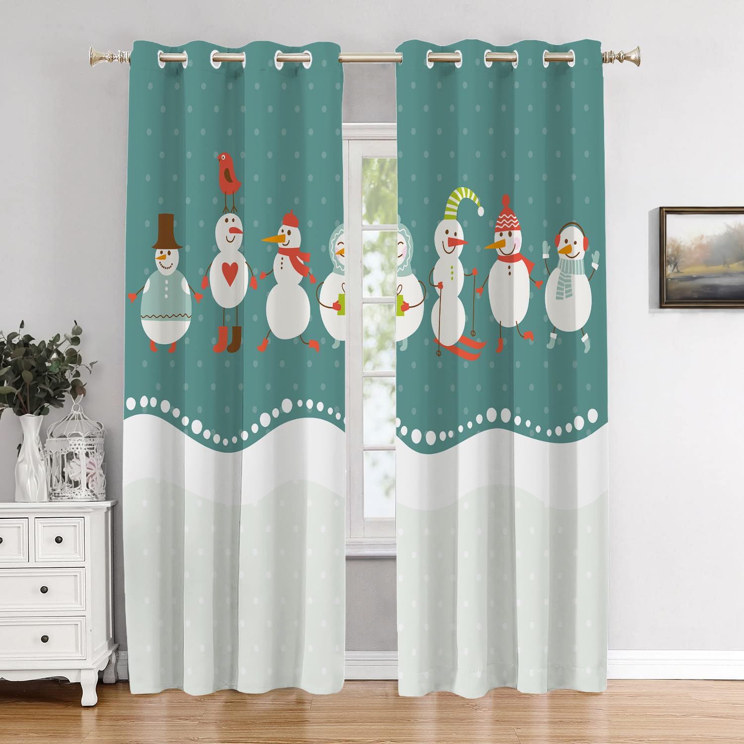 BaoNews Christmas Cute Snowman Bedroom Curtains,Cute Ski Funny Cartoon Snowman Blackout Polyester Grommet Window Treatment Drapes for Living Room, 2 Panels 52X84 Inches