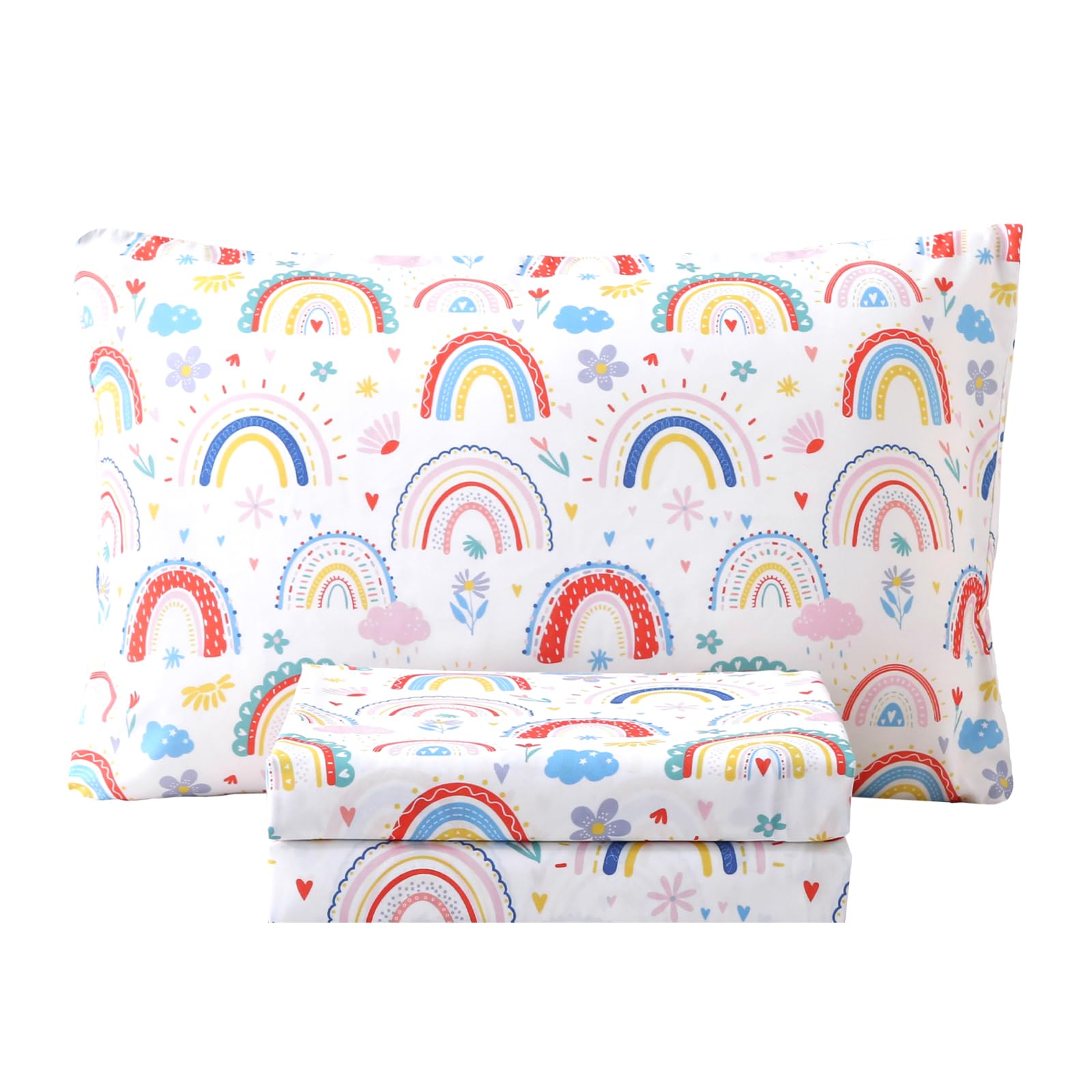 Vinogusto Twin Size Bed Sheets for Girls Kids - 3-Piece Rainbow Floral Bedding Set, Breathable Pink Cloud 3D Fitted Sheets with 14" Deep Pocket, Ultra