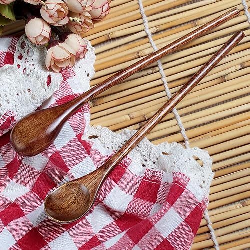 Miniatura 7 de Meiyahome - Cuchara de madera larga de mango redondo de 8 pulgadas, cuchara mezcladora hecha a mano de material Nanmu, cuchara de café de 7.9 in,