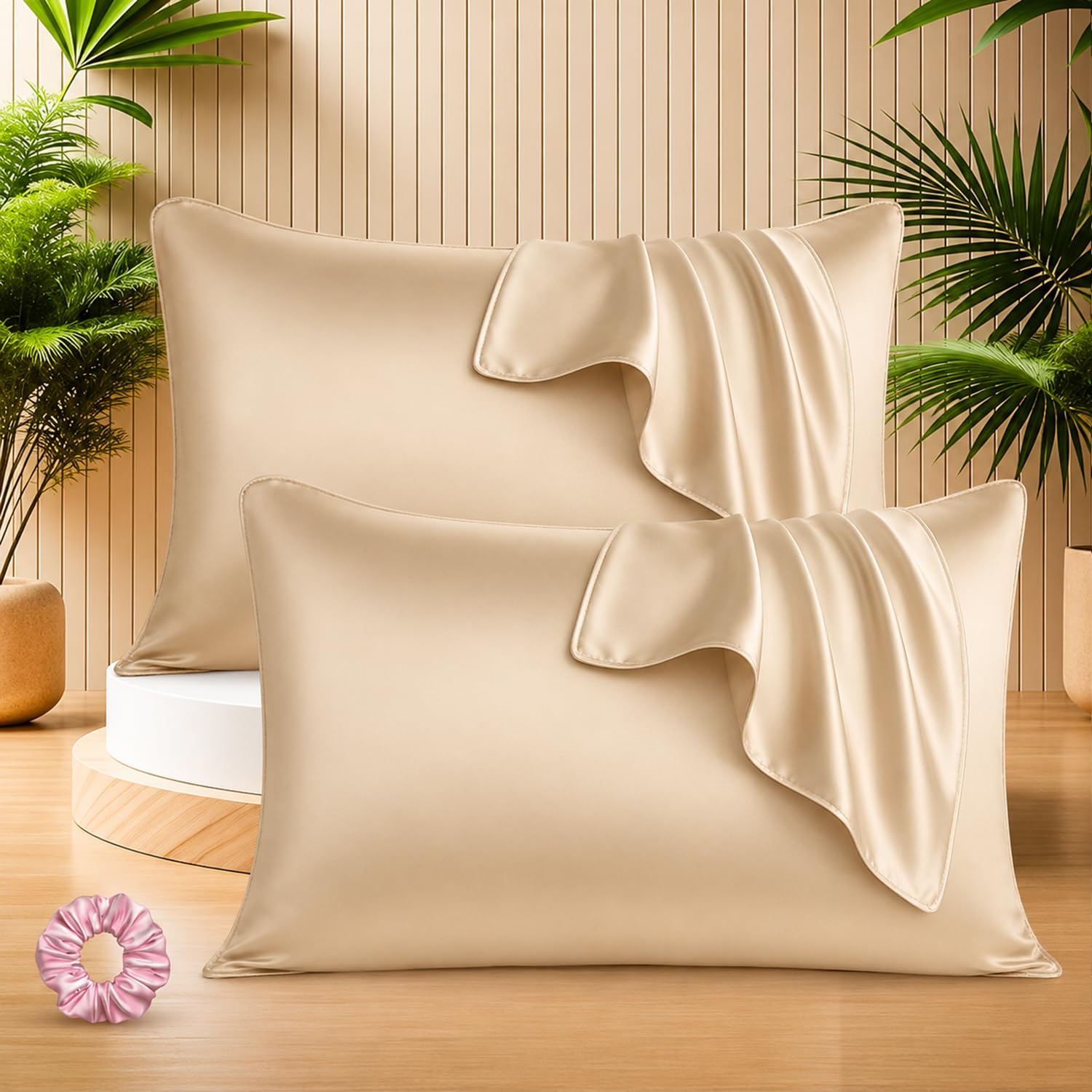 SITTELLA Satin Pillow Covers for Hair | Set of 2 + 1 Free Satin Scrunchie | Silk Pillow Case | Soft Pillow Satin Cover with Hidden Zipper | Pillow Cover | Light Rose