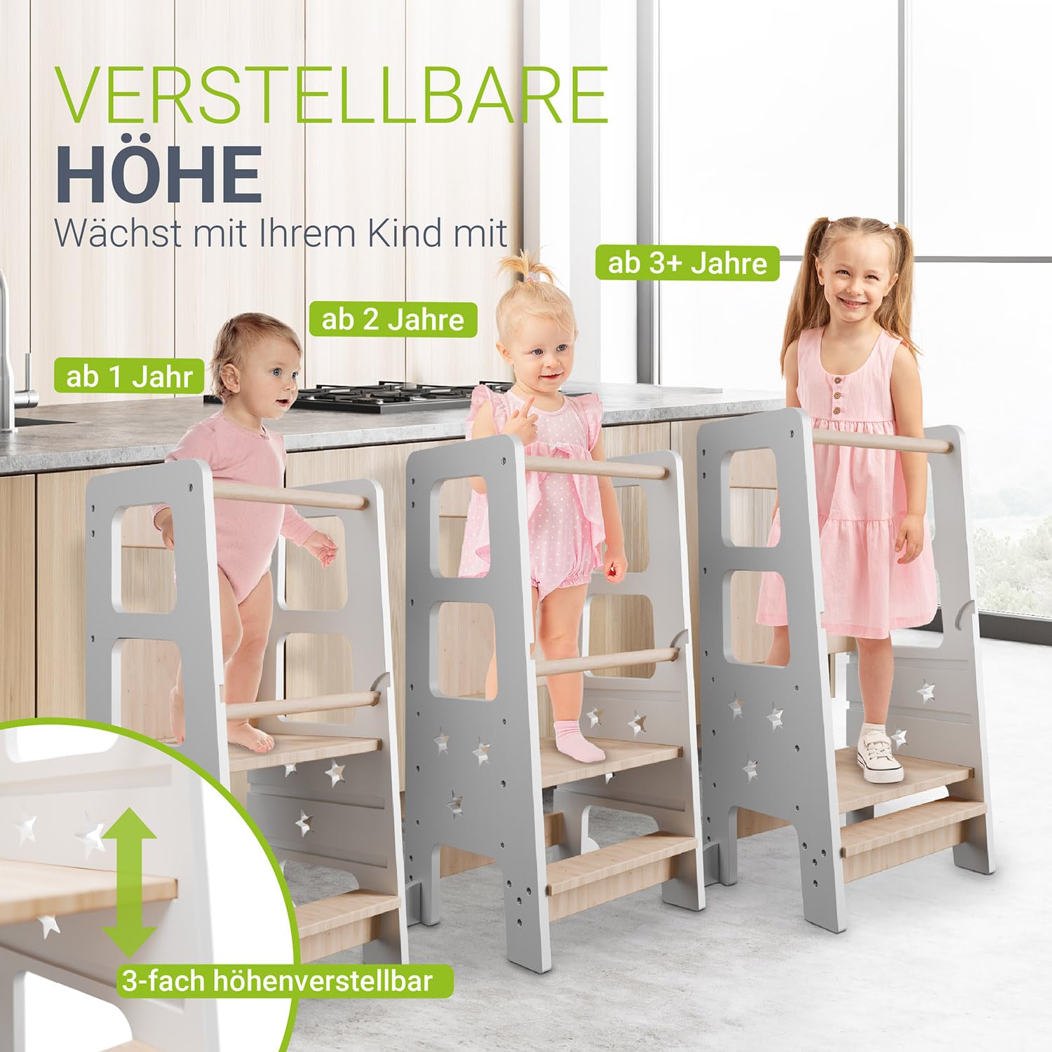 Juskys Lernturm Henny - für Kinder ab 1 Jahr, Stehhilfe, 3-Fach höhenverstellbar, Umkippschutz, Küchenhelfer - Weiß