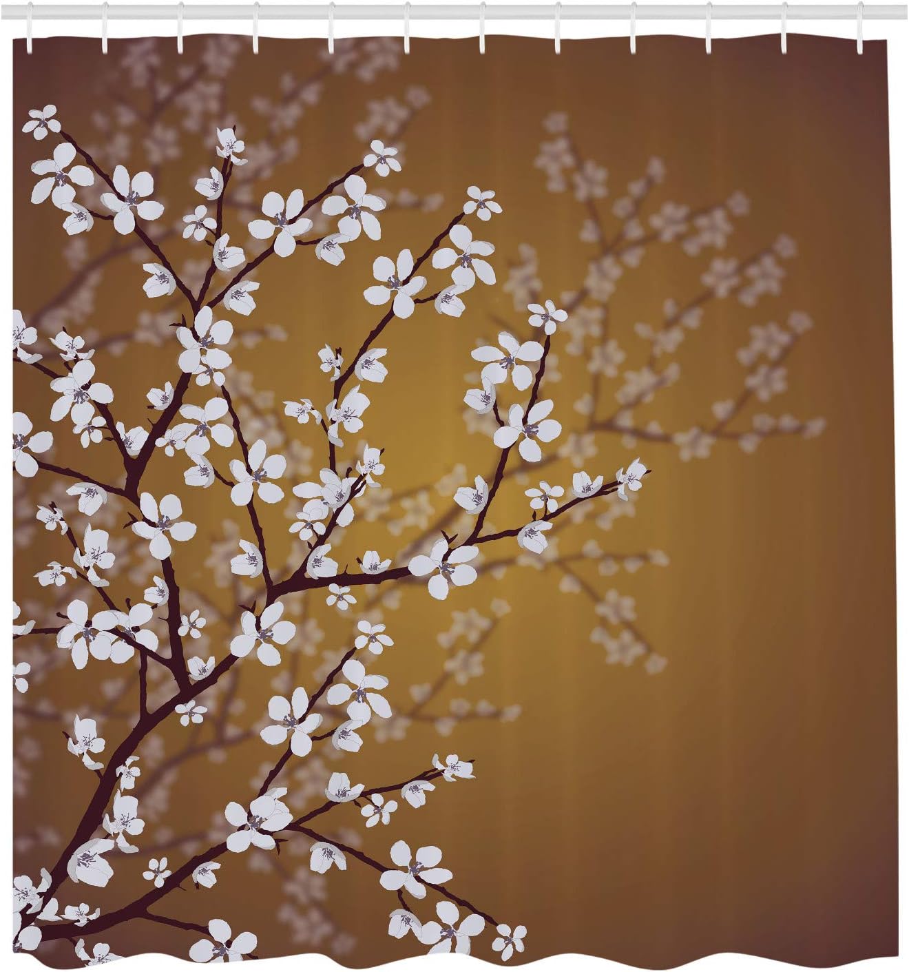 Ambesonne Japanese Shower Curtain, Spring Season Sakura Bloom Design Marine Toned Ombre Color Background, Cloth Fabric Bathroom Decor Set with Hooks, 75" Long, Pale Coffee