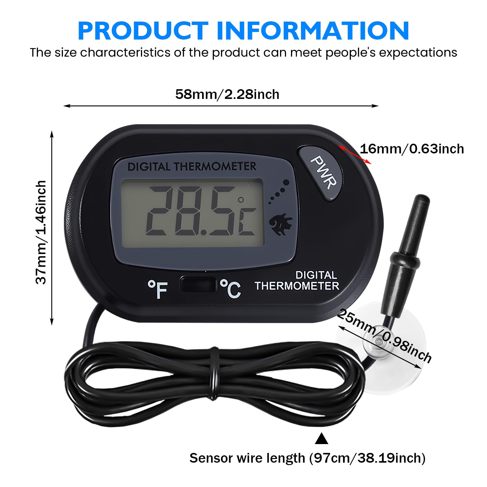 PRITOK Digital Aquarium Thermometer with Probe and Suction Cup: 10 Pack °C/°F Switchable Water Temperature Monitor with Large LCD Display for Fish Tanks Aquariums - Image 2