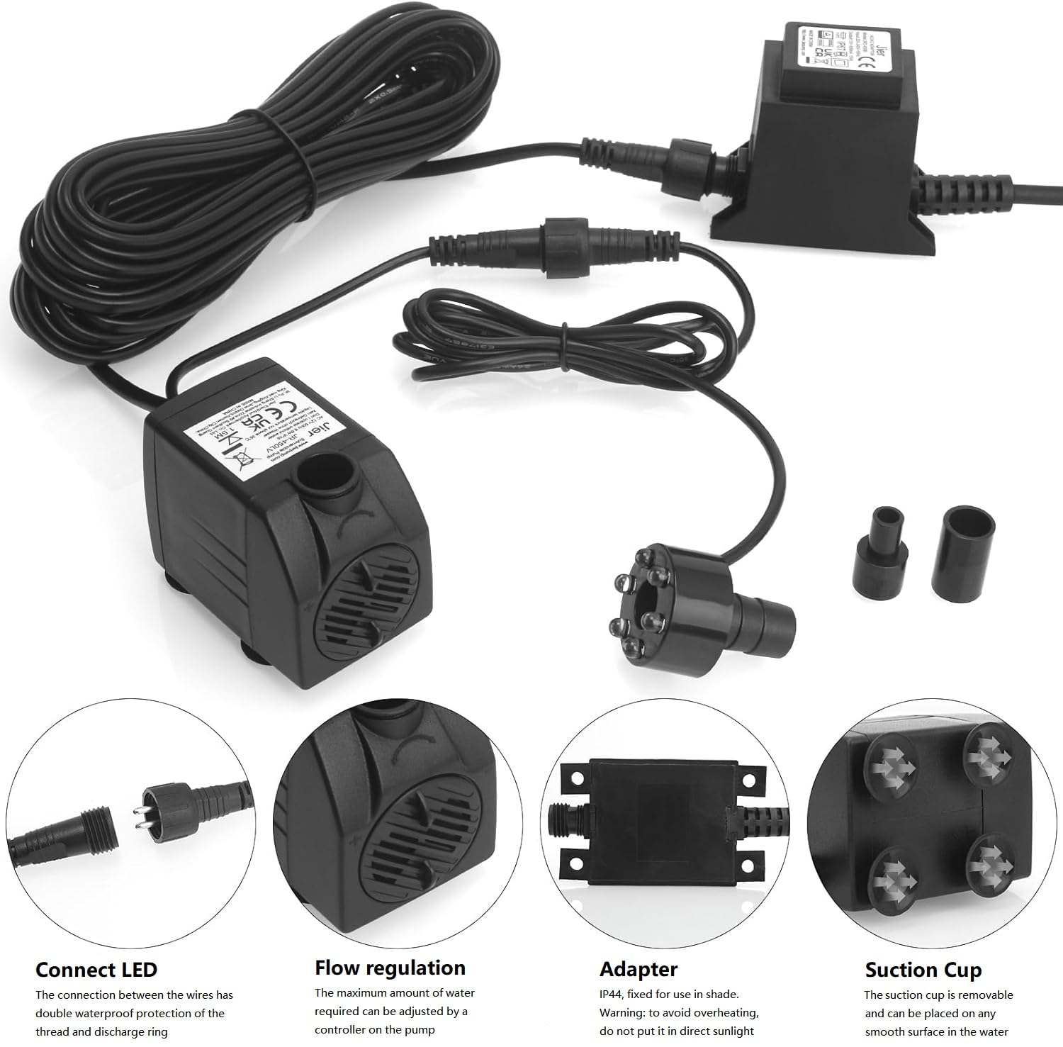 BARST Pompe submersible pour fontaine 12 V AC 800 l/h avec cordon d'alimentation de 10 m et anneau lumineux LED pour aquarium, étang, bain d'oiseaux, aquarium JR-800LV