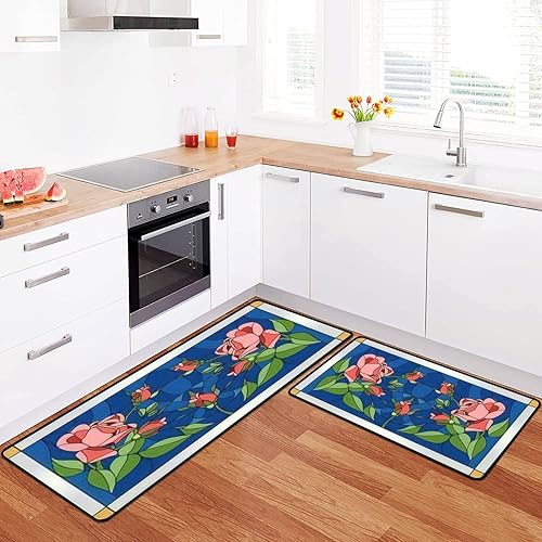 Kitchen Rugs Set Composition Queen Rose Stained Glass Window Door Ceiling Kitchen Mat for Floor Non-Slip Washable Kitchen Runner Doormat Bath Rug