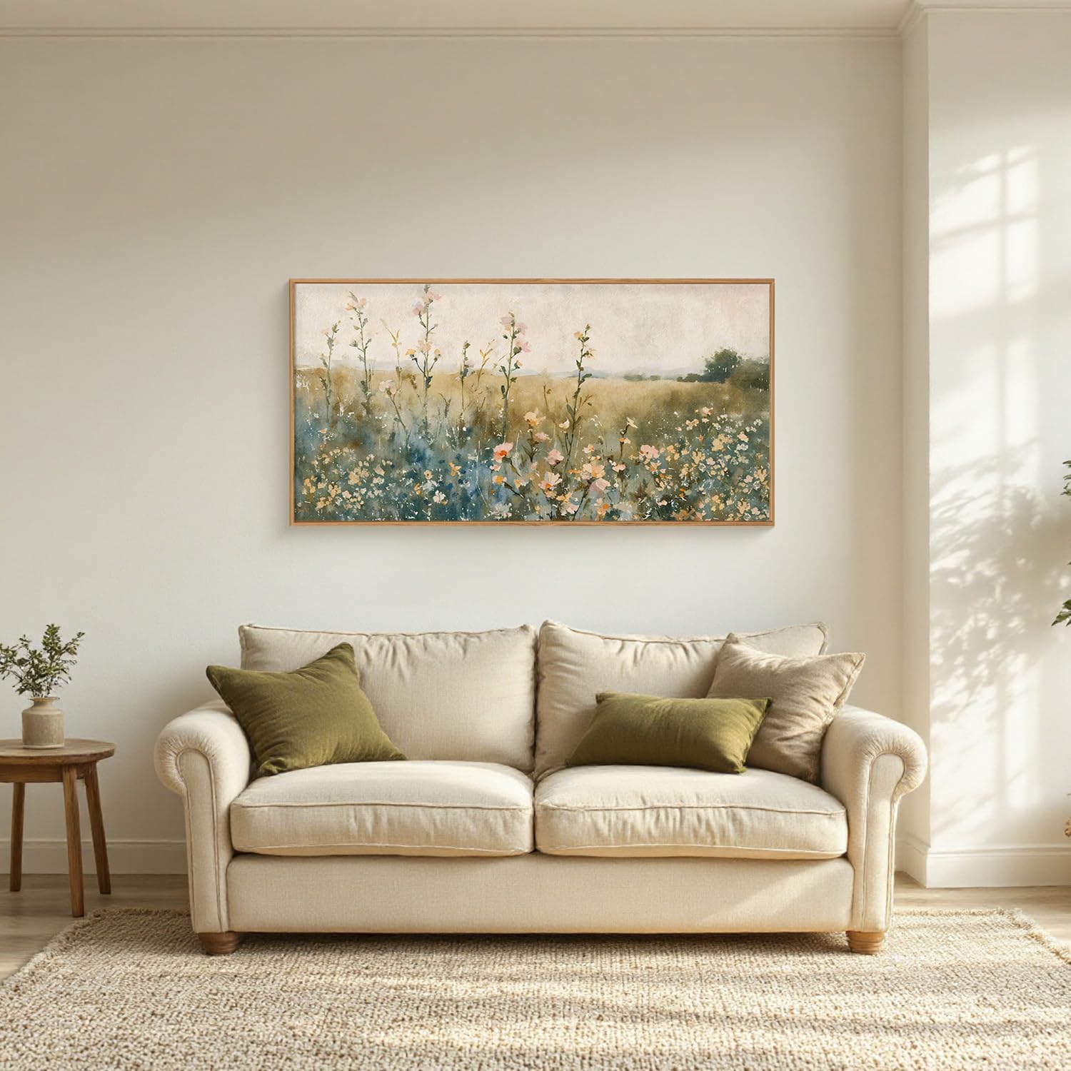 HLNIUC Vintage Watercolor Wildflower Landscape Horizontal Wall Art Framed, Large Retro Floral Wall Decor(20x40), Nature Wilderness Farmhouse Rustic Field Canva Painting for Living Room,Bedroom, Office