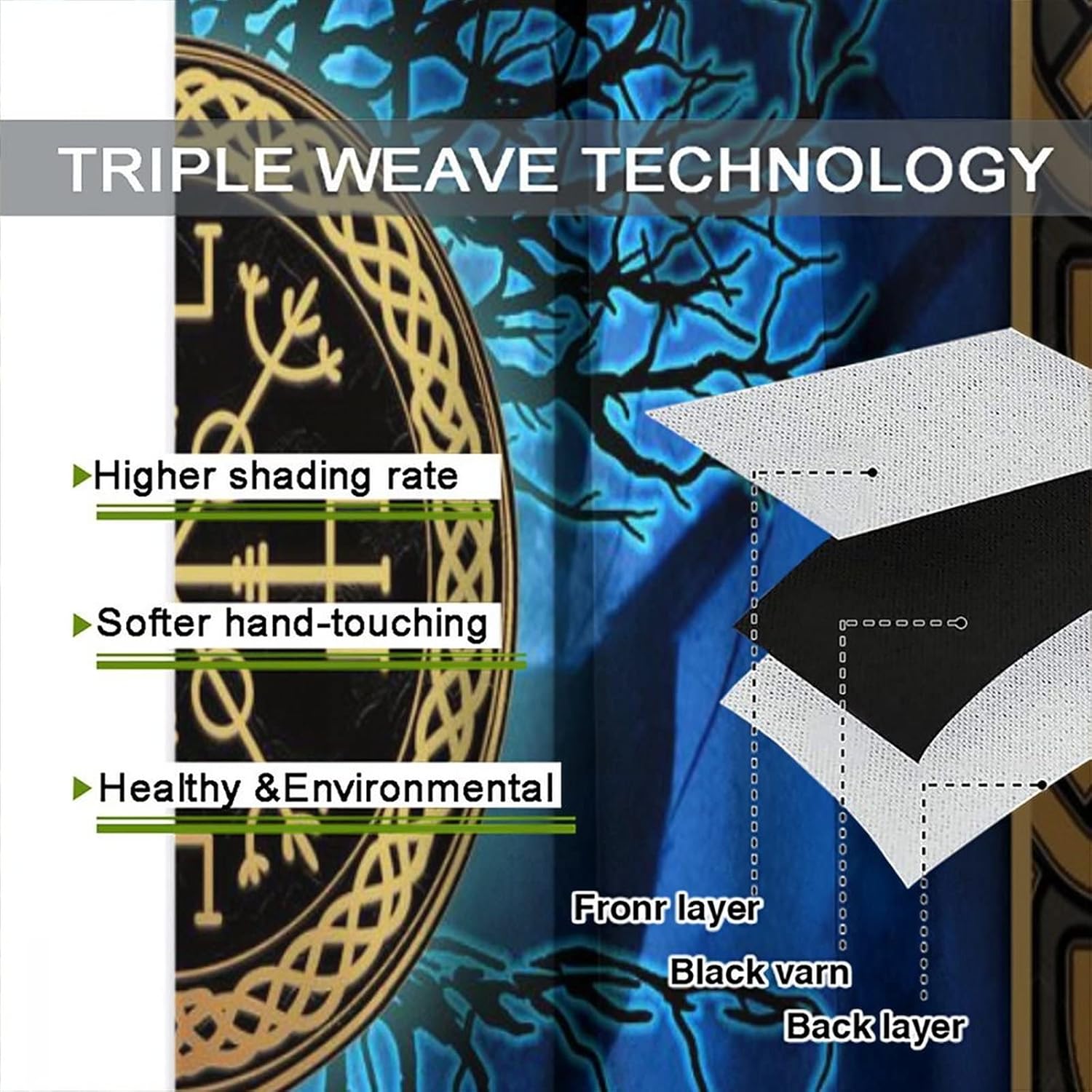 Abstract Retro Vikings Rod Pocket Blackout Curtains for Living Room,Thermal Insulated Cool Norse Mythology Mystical Symbol Viking Window Treatment,2 Panels 63L x 21W