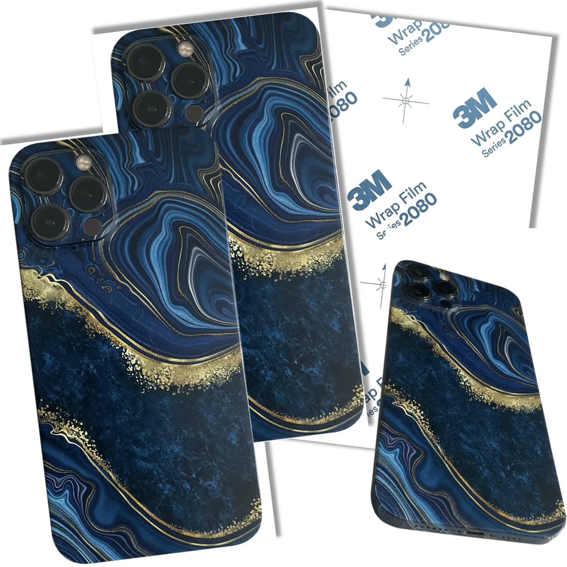 iPhone 12 Skin (2X Stück) Schutzfolie für die Rückseite und Seiten in edler Optik inkl. Kameraschutz Schutz vor Kratzern (Luxury Blue)