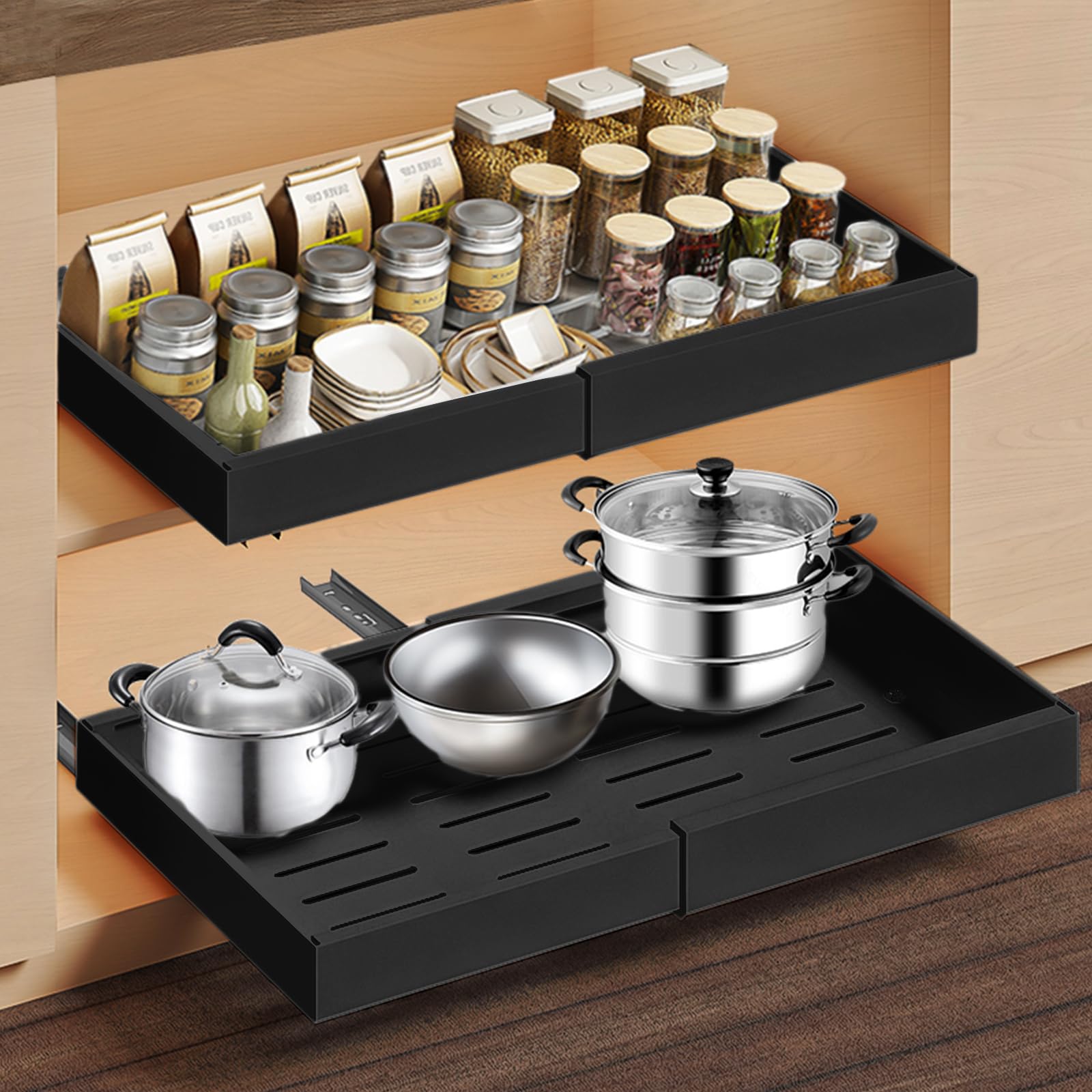 CICITANNI Expandable Pull Out Cabinet Organizer, Upgraded 3 Rails No Drill Kitchen Adhesive Drawers, Adjustable Width (12.6