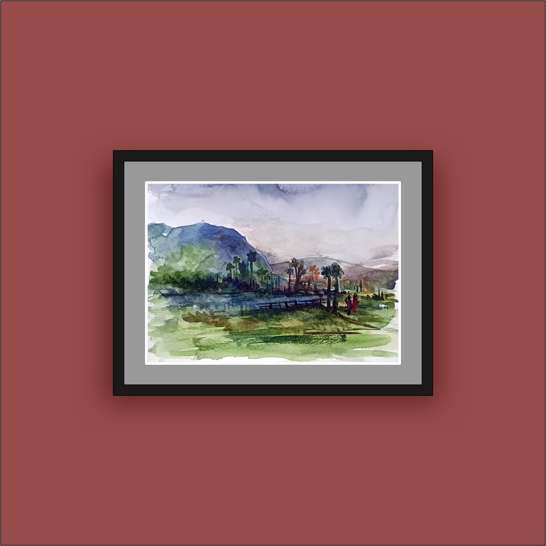 Original Watercolor Landscape Wall Art, 13x11 inch With Frame, Water Colour on Handmade Paper