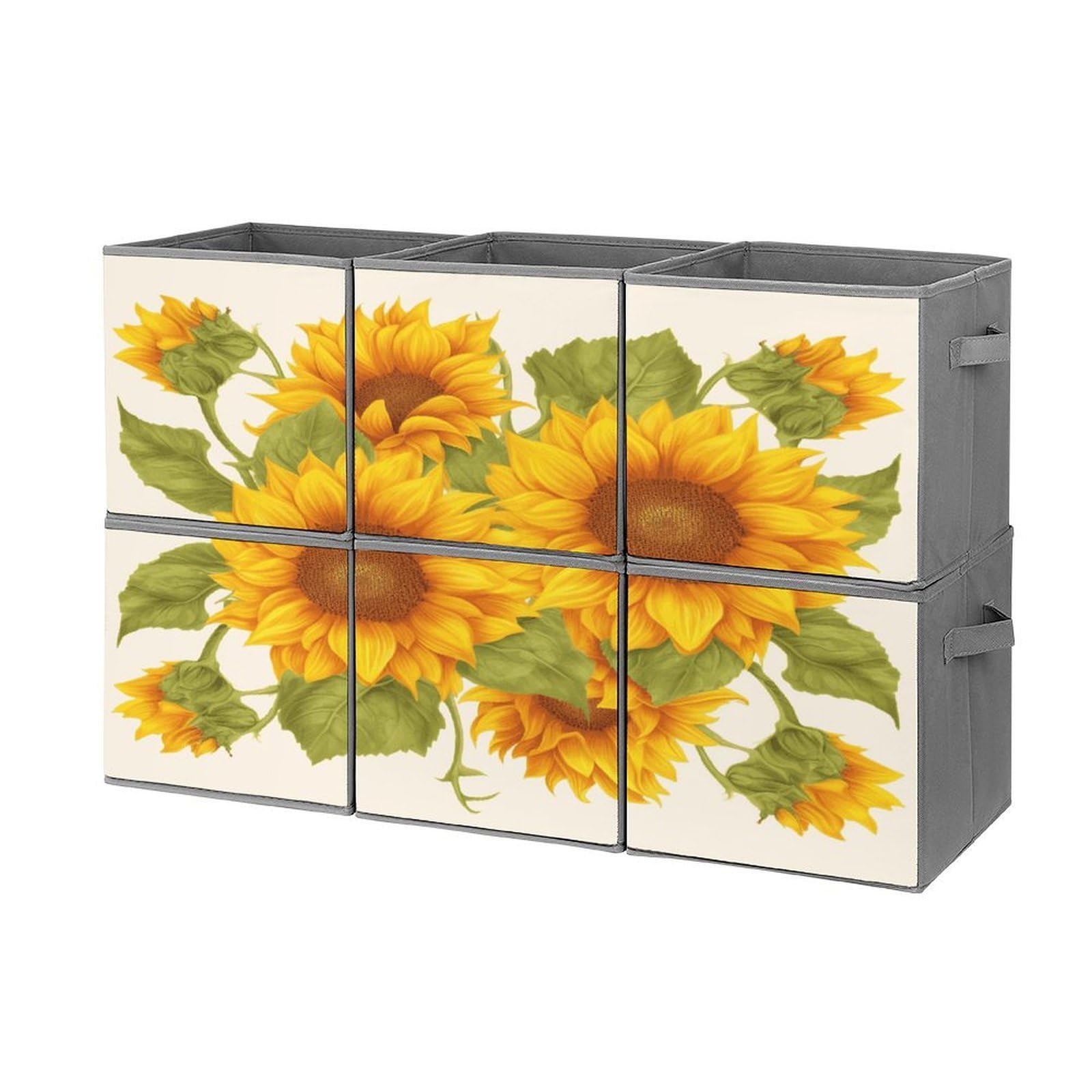 Fekiloot Style Fresh Sunflower Storage Bin For Foldable And Handles,Closet Organizer Of 6-Pack Stackable,Storage Box For Living,Room, Office,Bedroom,Closet