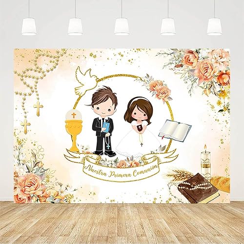 Miniatura 2 de AIBIIN Telón de fondo de comunión Mi Primera de 7 x 5 pies para gemelos Nuestra Primera Comunión God Bless Bautismo, decoración de fiesta, ceremonia