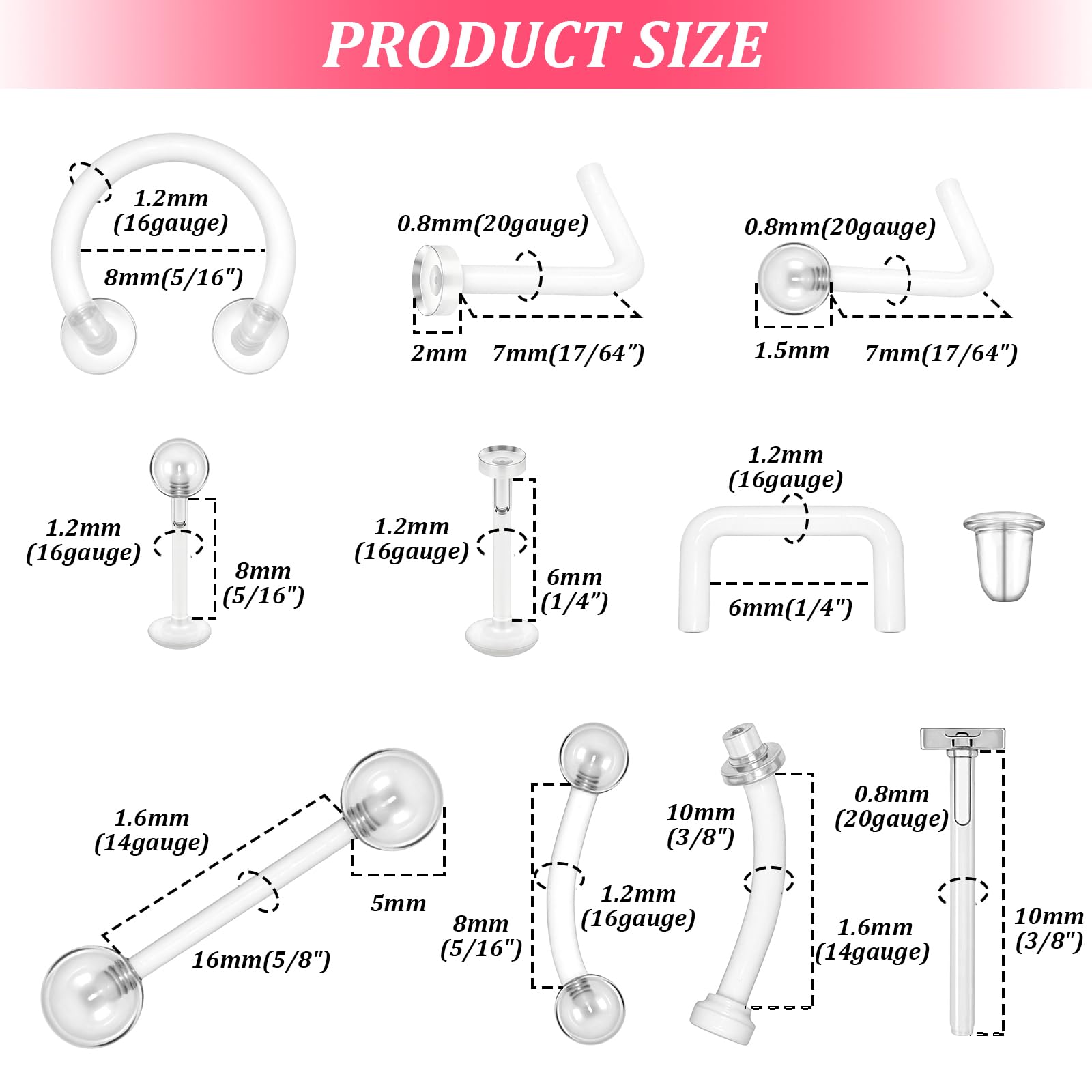 Lusofie Zestaw 29 przezroczystych kolczyków do nosa, warg, chrząstki, brzucha, tragusa, 16 g (1,2 mm) i 14 g (1,6 mm), Akryl