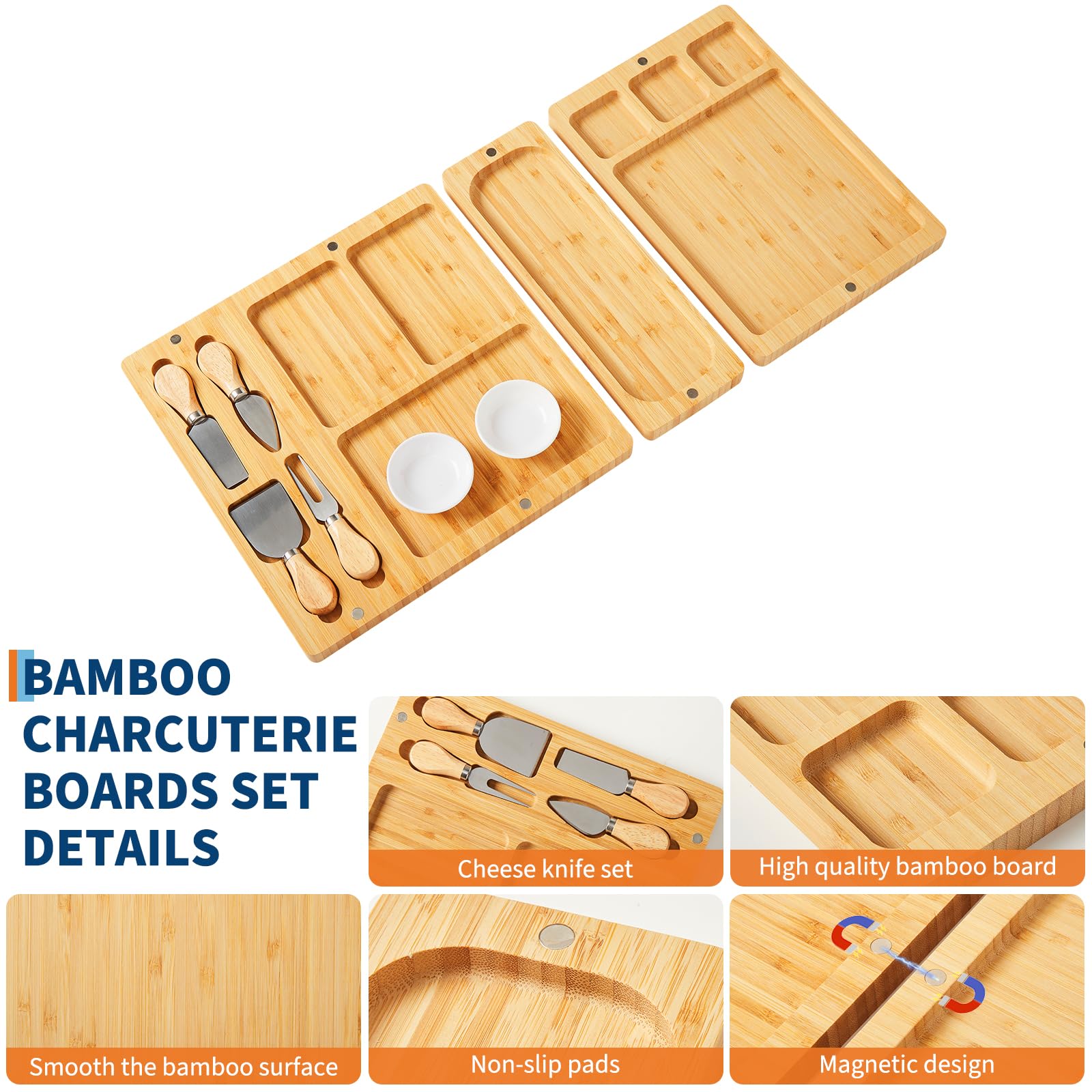 Käsebrett Mit Käsemesser Set, Servierplatte 3-Teilig Aus Bambus, 32 cm