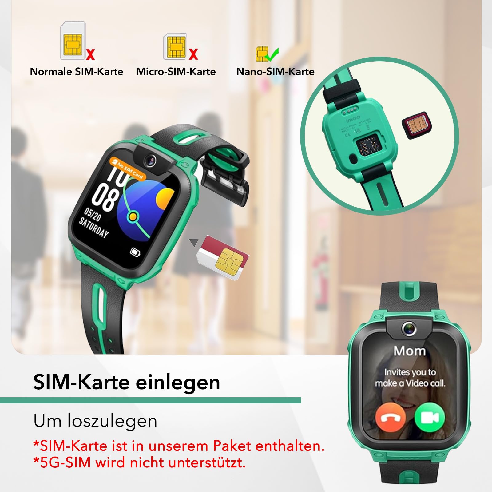 imoo Z1 Smartwatch Kinder mit GPS und Telefonuhr,4G Video & Phone Call Grün | imoo Kids Smartwatch Junge,Spielerfreier Schulmodus,IPX8 wasserdicht für Händewaschen,SIM,Familie Chat,Schrittzähler,SOS