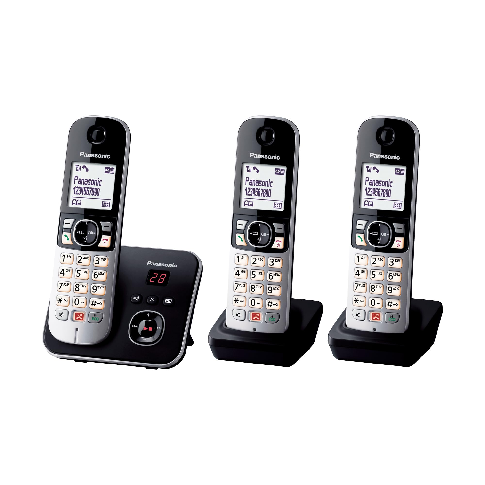 Panasonic KX-TG6863GB Schnurlostelefon mit 3 Mobilteilen und Anrufbeantworter (Bis zu 1.000 Rufnummern sperren, übersichtliche Schriftgröße, lauter Hörer, Voll-Duplex Freisprechen) schwarz-Silber