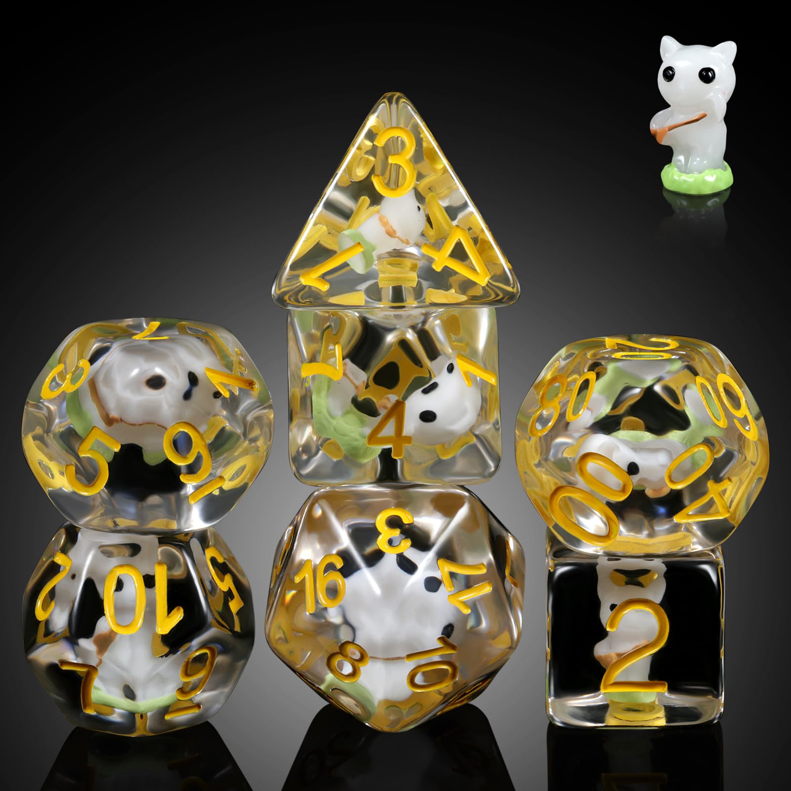 White Cat Gaming Dice Set D&D, DNDND 7PCS Resin DND Dice with Velvet Bag for Dungeons and Dragons Role Playing Games and Tabletop GamesWhite Cat)