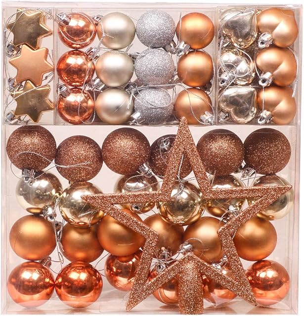 Valery Madelyn 60pcs 3-5cm Shatterproof Christmas Baubles,Woodland Copper and Gold Christmas Ball Ornaments for Christmas Tree Decorations