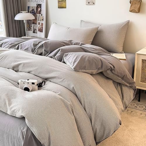 DCSKY Duvet Cover Set - 100% Washed Cotton, 3 Piece Pre-Washed Super Soft Breathable Bedding with Duvet Cover and 2 Pillow Cases (01Gray(No Comforter), Queen (90''x90''))