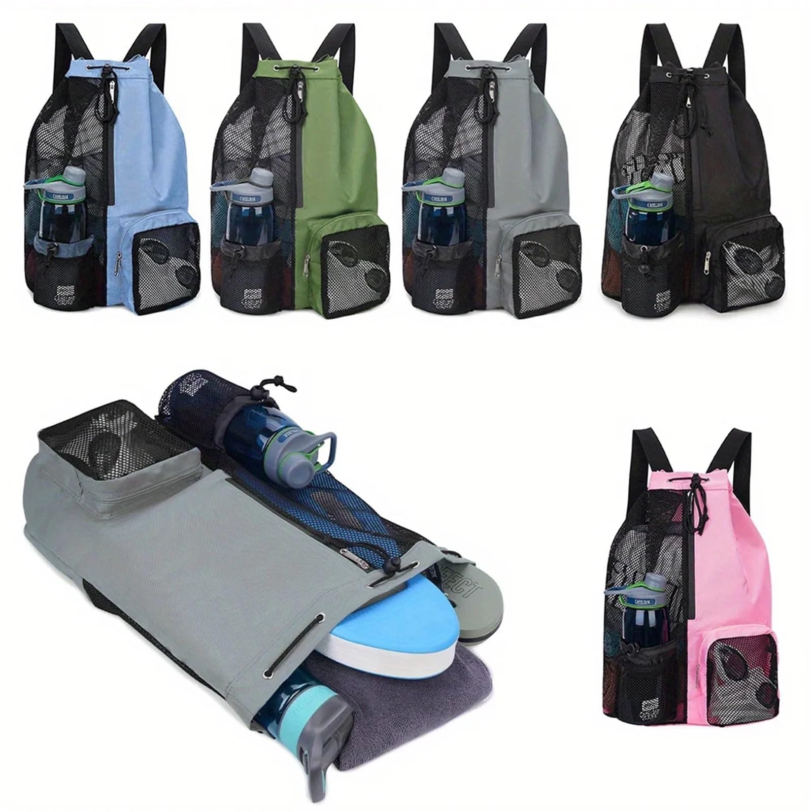 Bolsa de Deporte Bolsa de gimnasio Bolsa de natación Mochila con cordón de red con bolsillo húmedo Mochila de playa Natación Gimnasio y bolsa de almacenamiento de equipo de entrenamiento(Black)