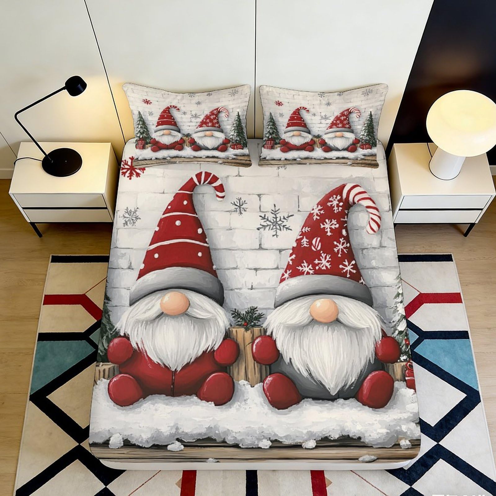 3D Printed Christmas Gnome Fitted Sheet Microfiber Red White Snowflake Bed Cover for Bedroom Guest Room Decor 90x200x25cm