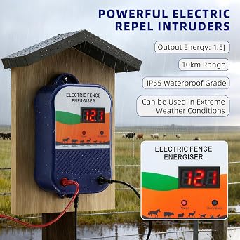 Electric Fence Energizer, 1.5J Output, 10km Range, IP65 Waterproof, Multiple Power Options (Mains/Battery/Solar) for Farms, Livestock, and Horses