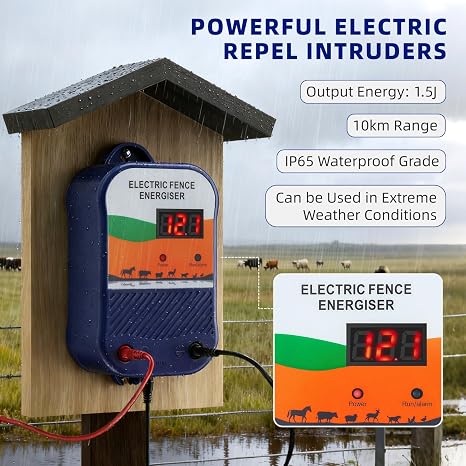 Electric Fence Energizer, 1.5J Output, 10km Range, IP65 Waterproof, Multiple Power Options (Mains/Battery/Solar) for Farms, Livestock, and Horses