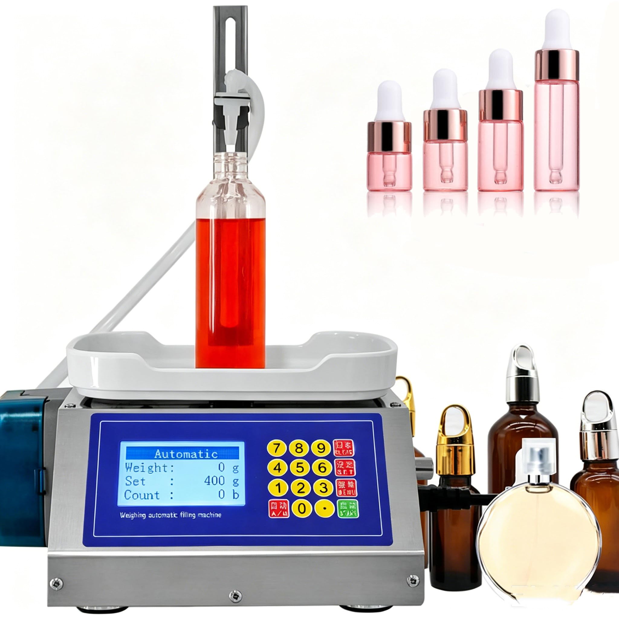 GSHSHOU Automatic Liquid Filling Machine 2-300g,Electric Weighing Filling Machine with 2 Nozzles,High Precision Digital Filler for Essential Oils, Perfumes & Small Vials