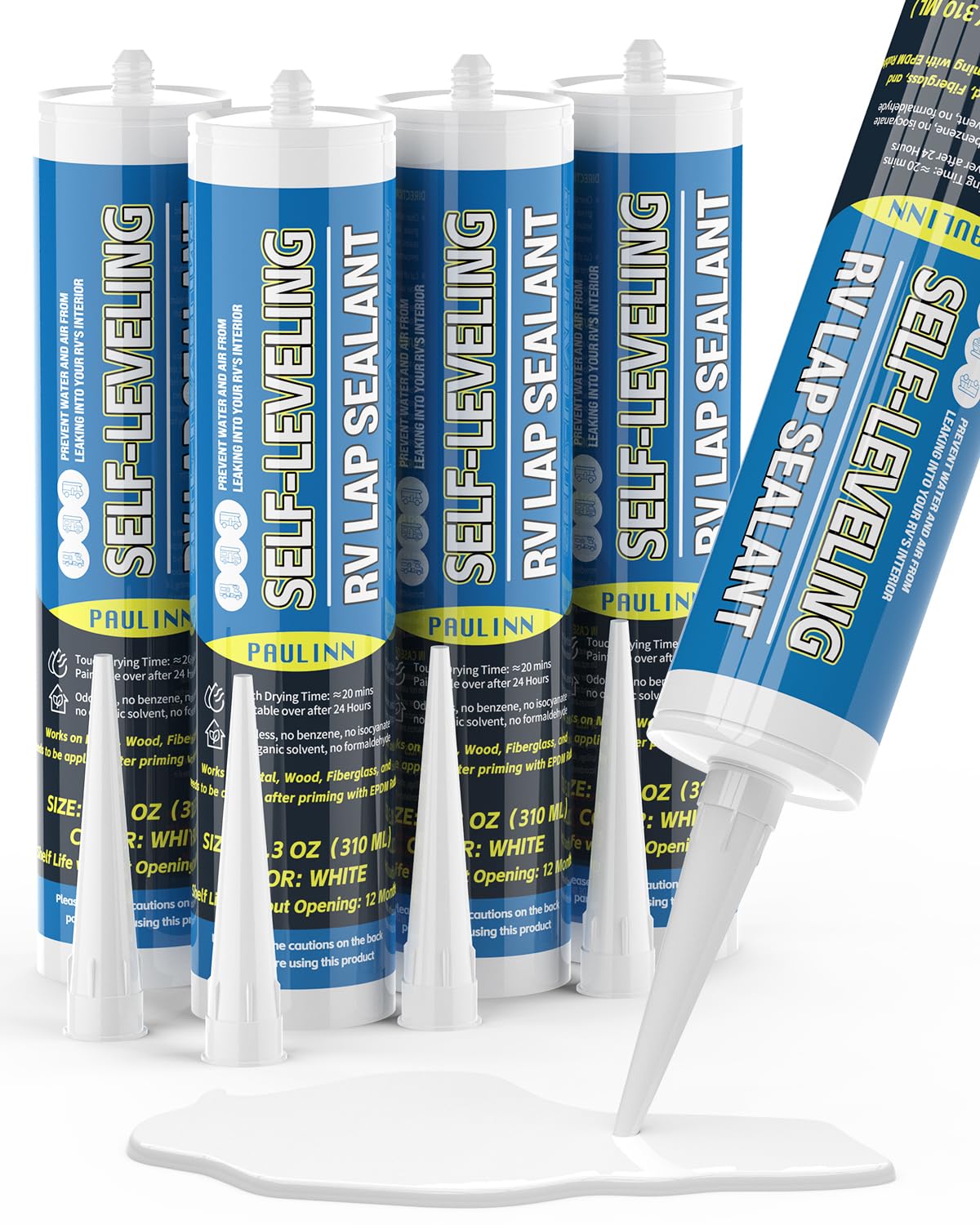 PAULINN Self Leveling Lap Sealant White, RV Roof Sealant for Camper Repair, RV Caulking, Rubber Roof EPDM, Flexible, UV & Waterproof, no Smell and Safe for RV Indoor use, 4 Packs