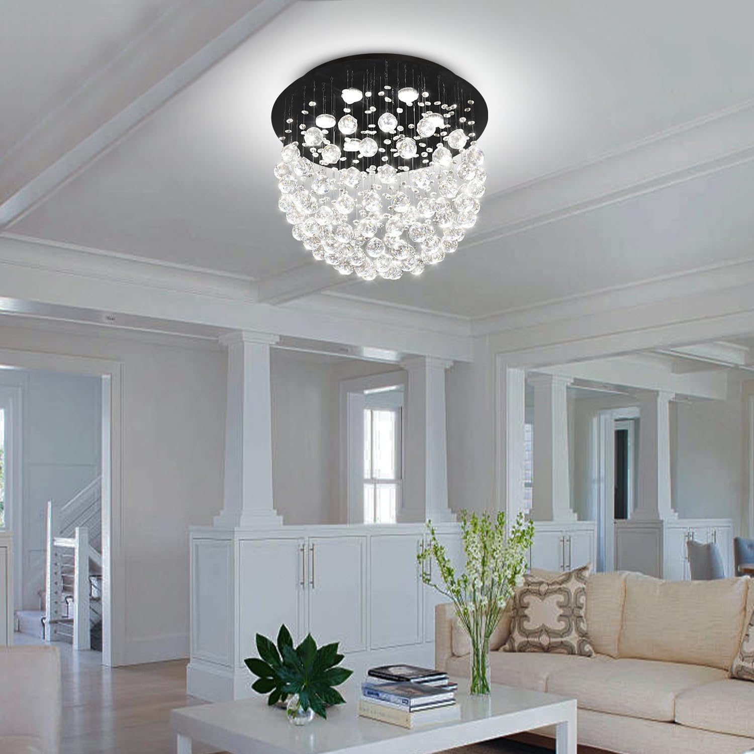 6-Light 20-Inch Black K9 Crystal Flush Mount Chandelier, Modern Ceiling Light Fixture for Bedroom Dining Room Living Room