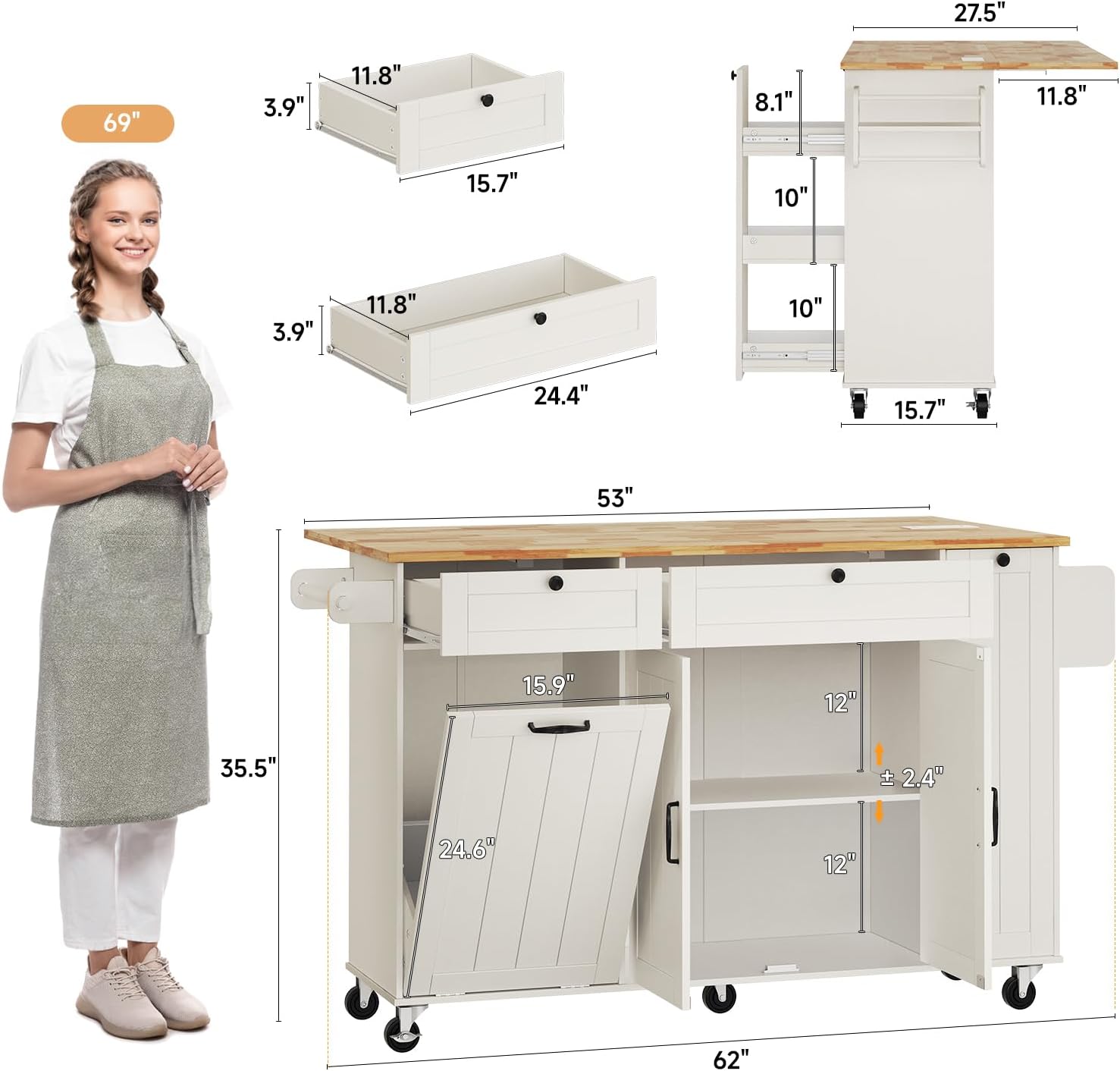 Kitchen Island with Storage, Island Table for Kitchen with Drop Leaf and Power Outlet, Rolling Kitchen Island with Trash Cabinet, Spice Rack & Towel Rack, White