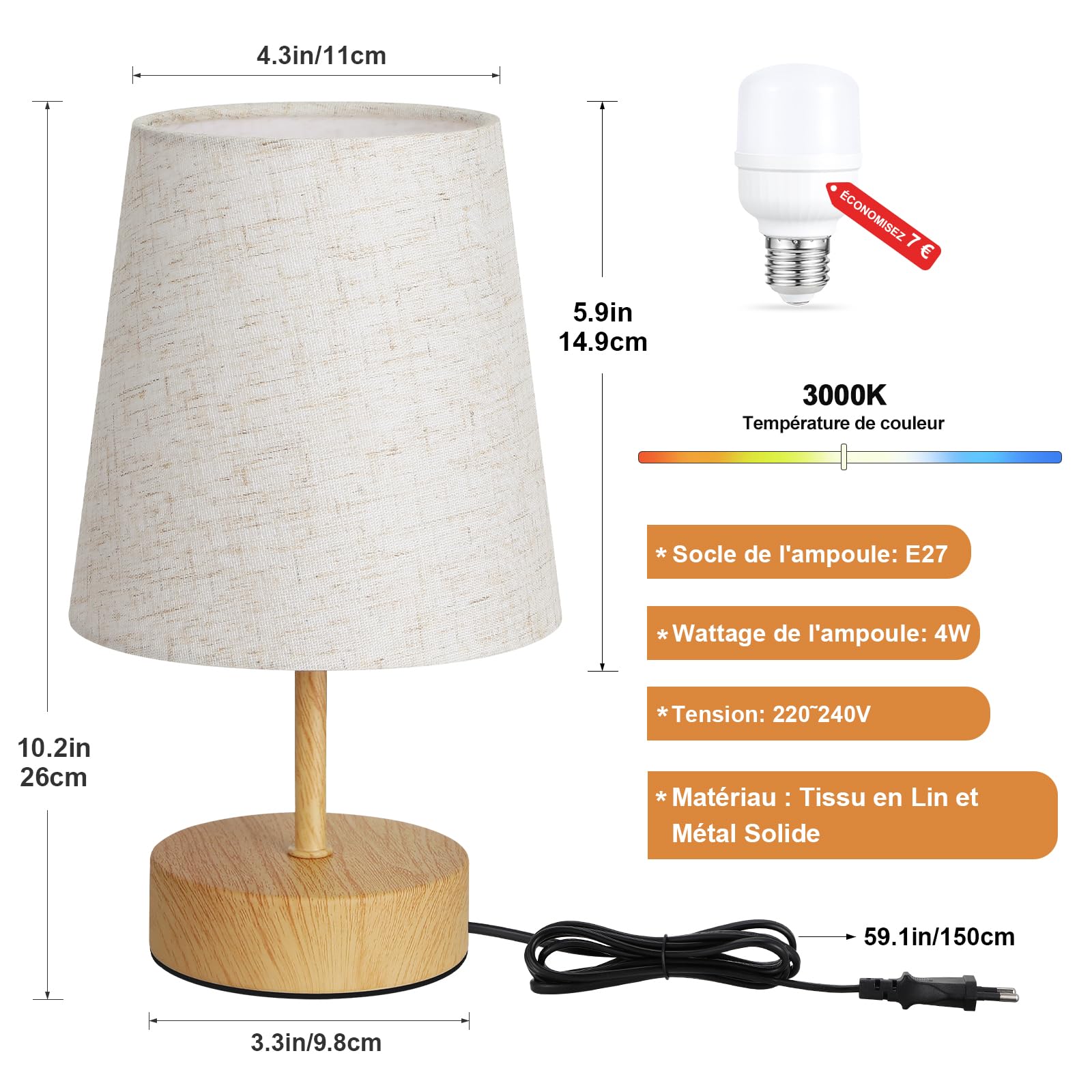 Lampe de Chevet Tactile avec Ports de Charge USB-C+A, Intensité Variable à 3 Voies, Abat-jour en Lin, Petite Lampe de Table pour Chambre Salon D'enfant Bureau(Ampoule Incluse)
