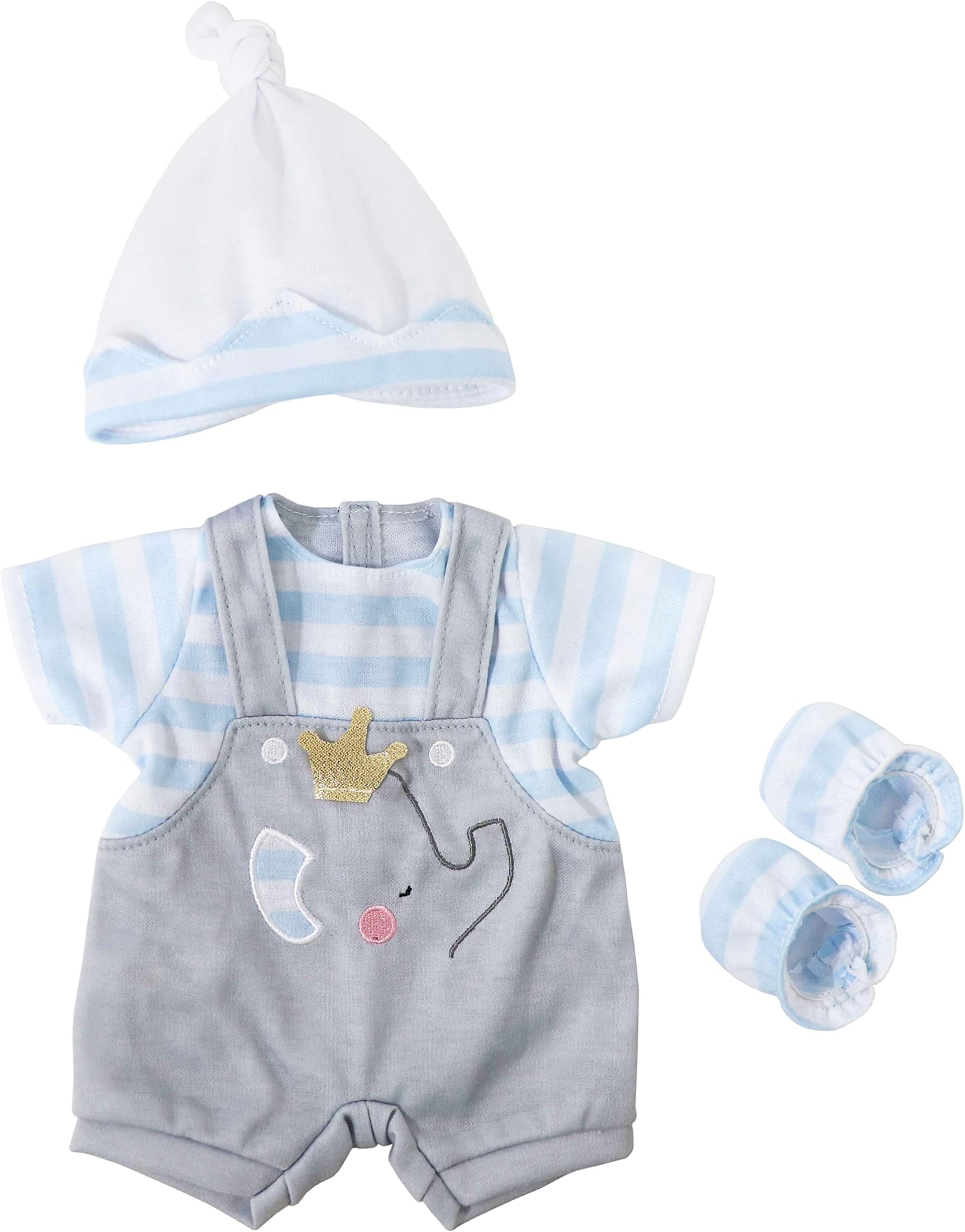 JC Toys | Berenguer Boutique | Baby Doll Outfit | Gray Overall Shorts with Blue Stripes | Includes Headband and Booties | Ages 2+ | Fits Dolls 14"- 16"