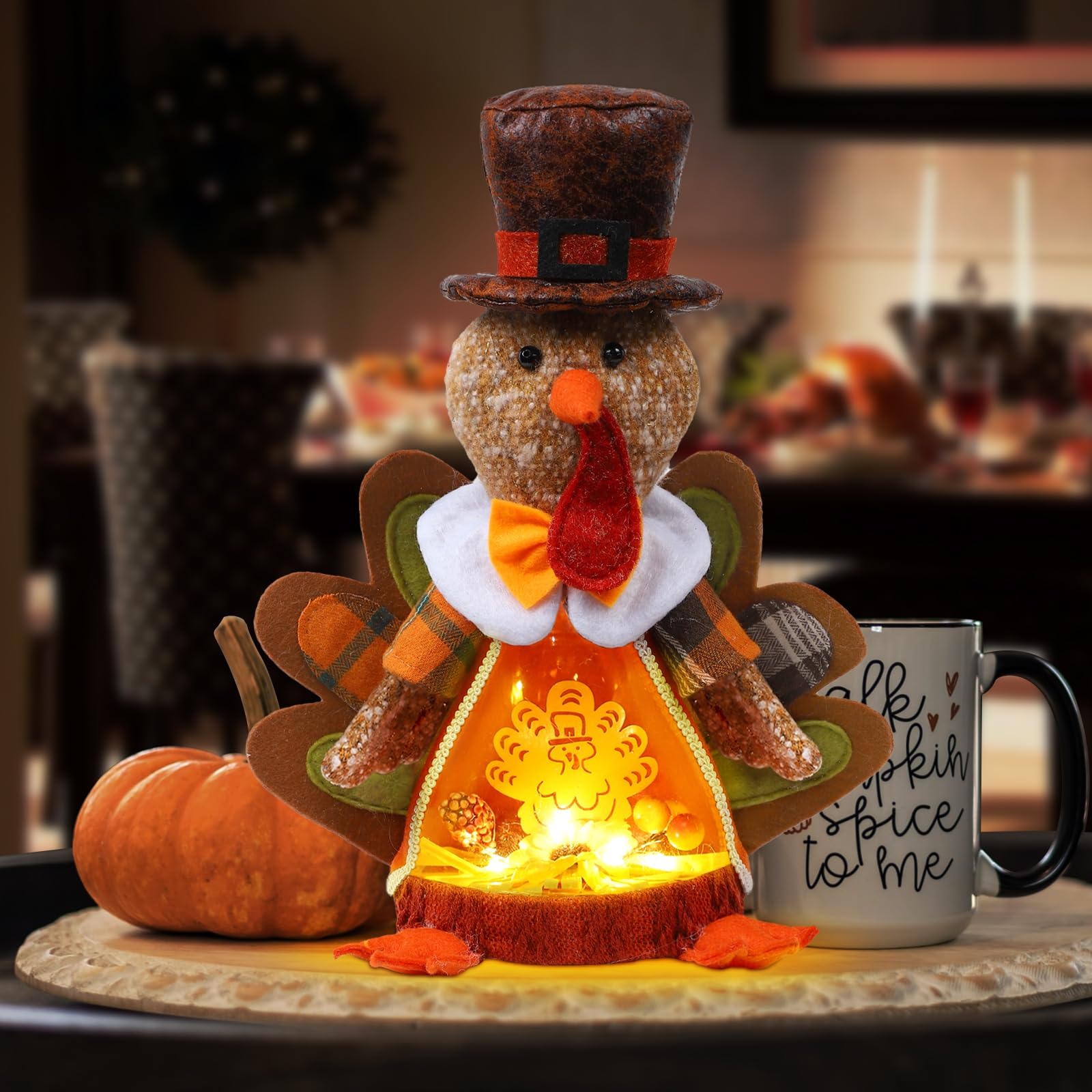 Aoutrow Lighted Thanksgiving Turkey,10 Inches Plush Light Up Turkey Toy Holiday Present, Battery Operated Xmas Gifts Winter Mantle Tabletop Decor - Image 5