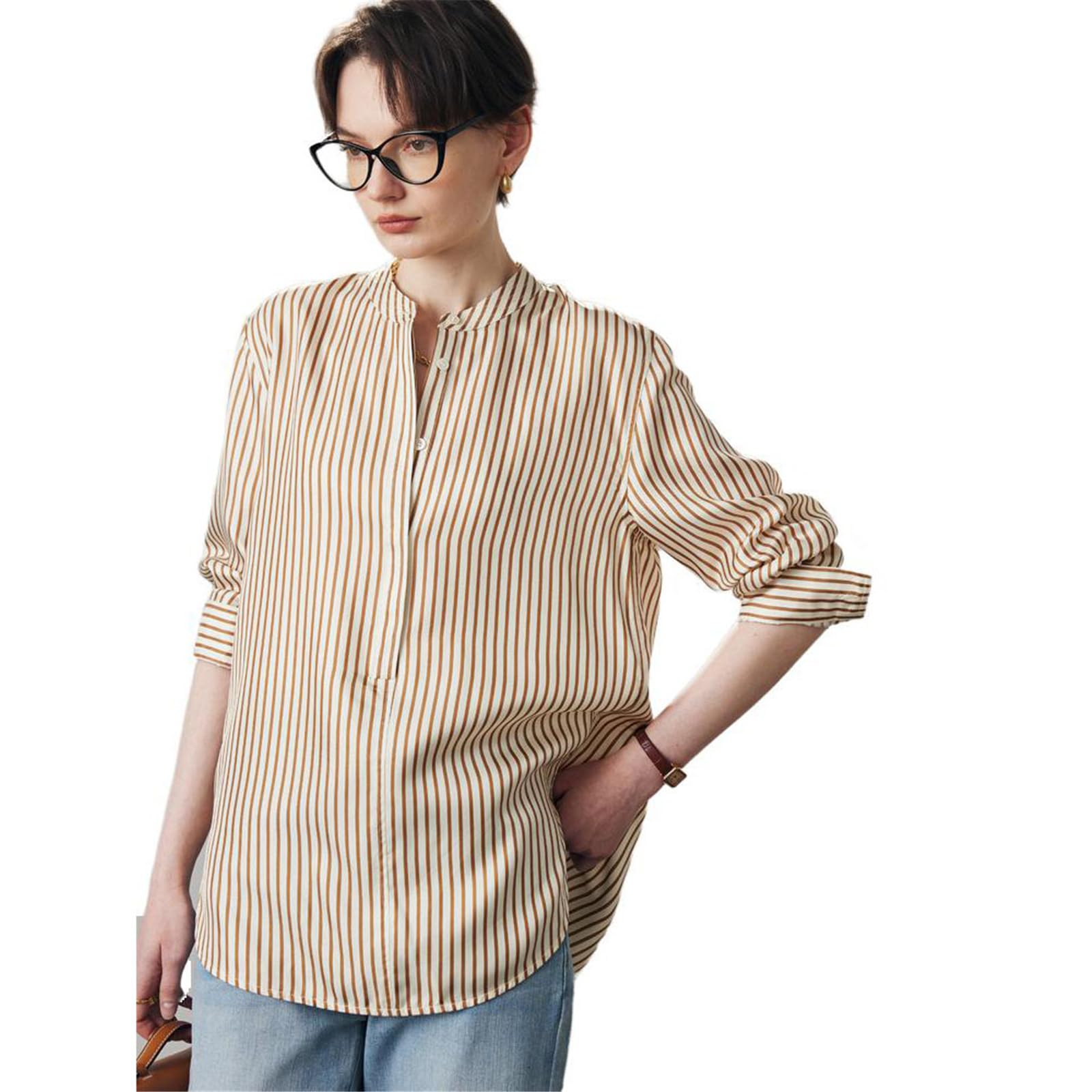Donna Blusa da Ufficio in Seta con Collo Alto e Stampa